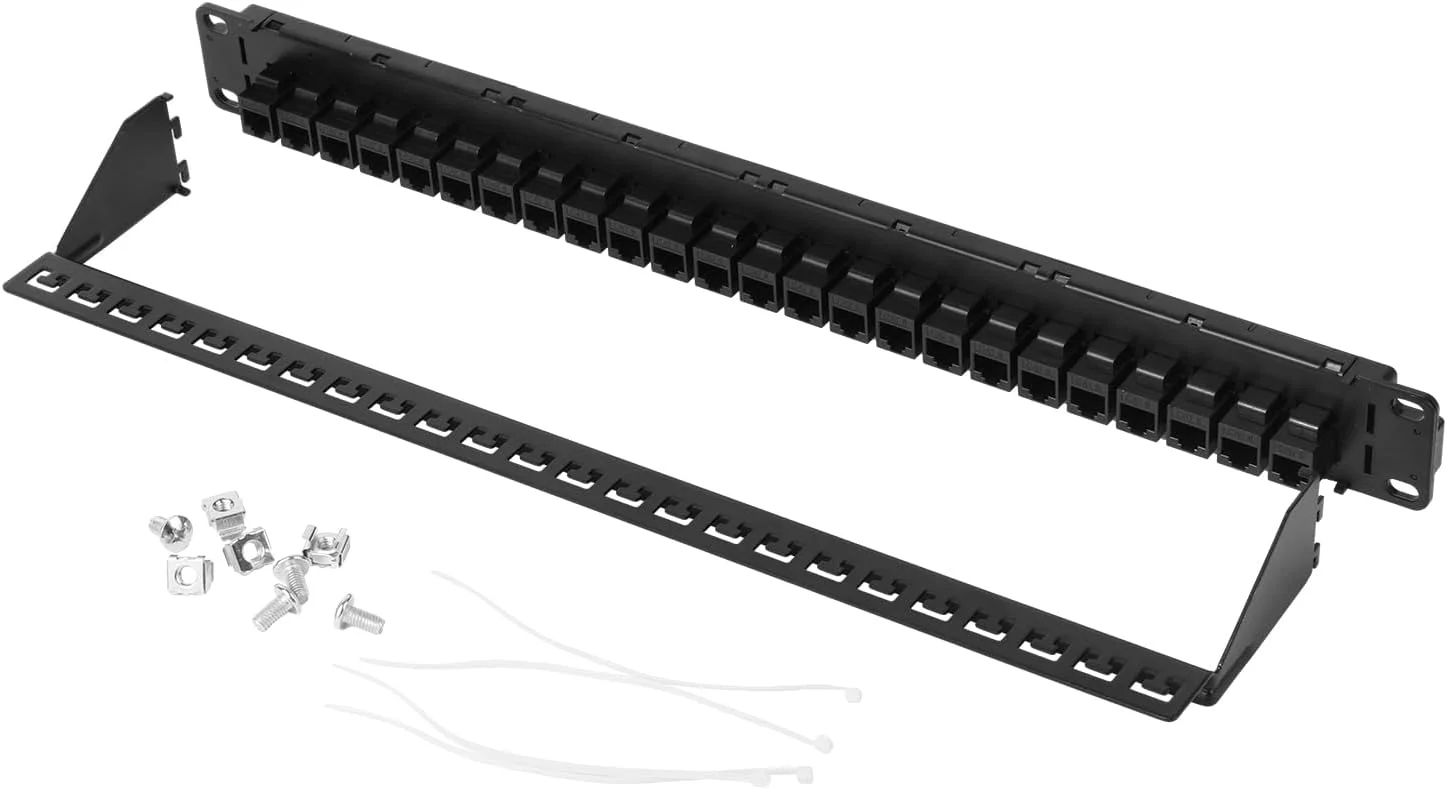 پنل پچ 24 پورت Cat6 - پنل شبکه 1U قابل نصب در رک و آماده برای 10G با کوپلرهای عبوری و جک های کیستون | سازگار با Cat6/Cat5e/Cat5 | بک بار جداشدنی 19 اینچی، بسته 2 عددی