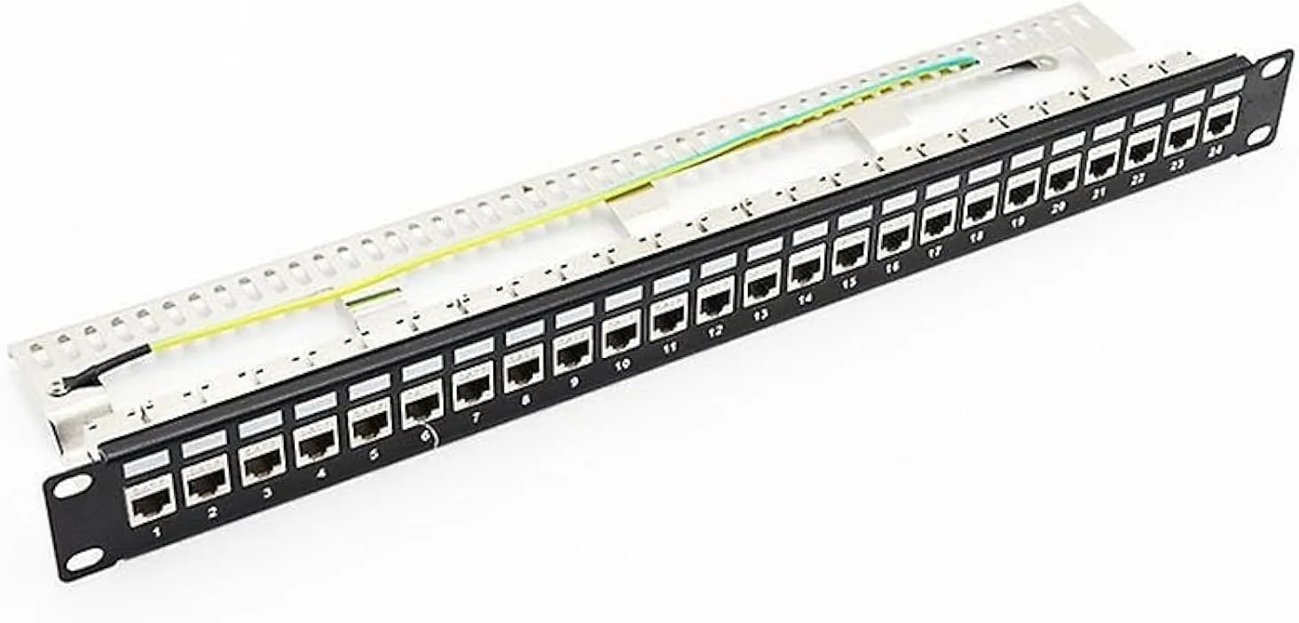 پچ پنل CAT7 با ۲۴ پورت SFTP Keystone Type Loaded KUWES با پشتیبانی از 10G، شیلددار STP ۱۹ اینچی با میله پشتی جداشدنی، پچ پنل شبکه 1U برای Cat7، Cat6، Cat6A، Cat5e