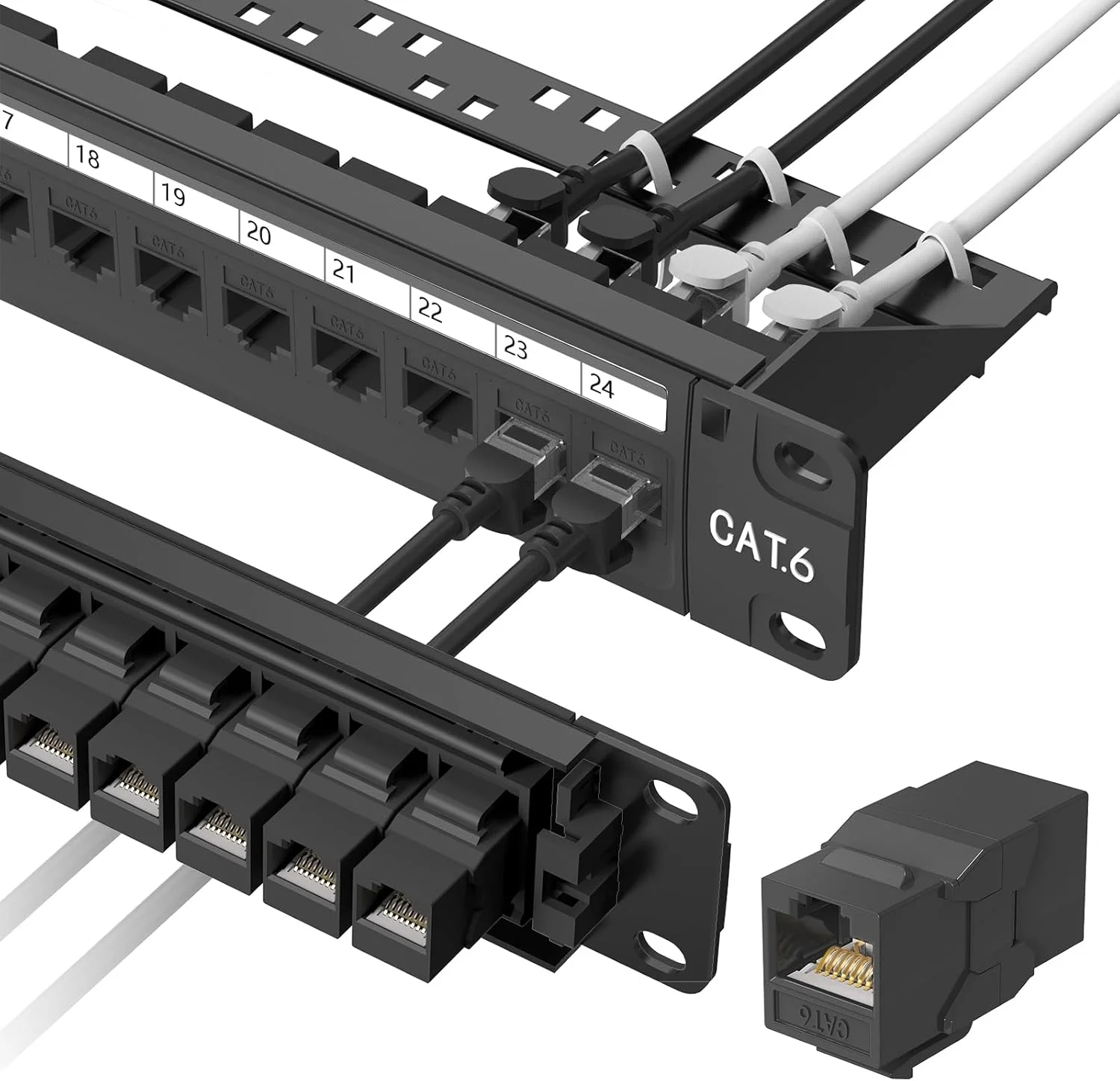 پچ پنل 24 پورت Jadaol، قابل نصب در رک یا روی دیوار، 19 اینچی، 1U، پنل شبکه Cat6 از پیش بارگذاری شده با 24 کوپلر کیستون به همراه 1 عدد اضافی، پچ پنل اترنت 10 گیگابیتی با مدیریت کابل و میله پشتیبانی