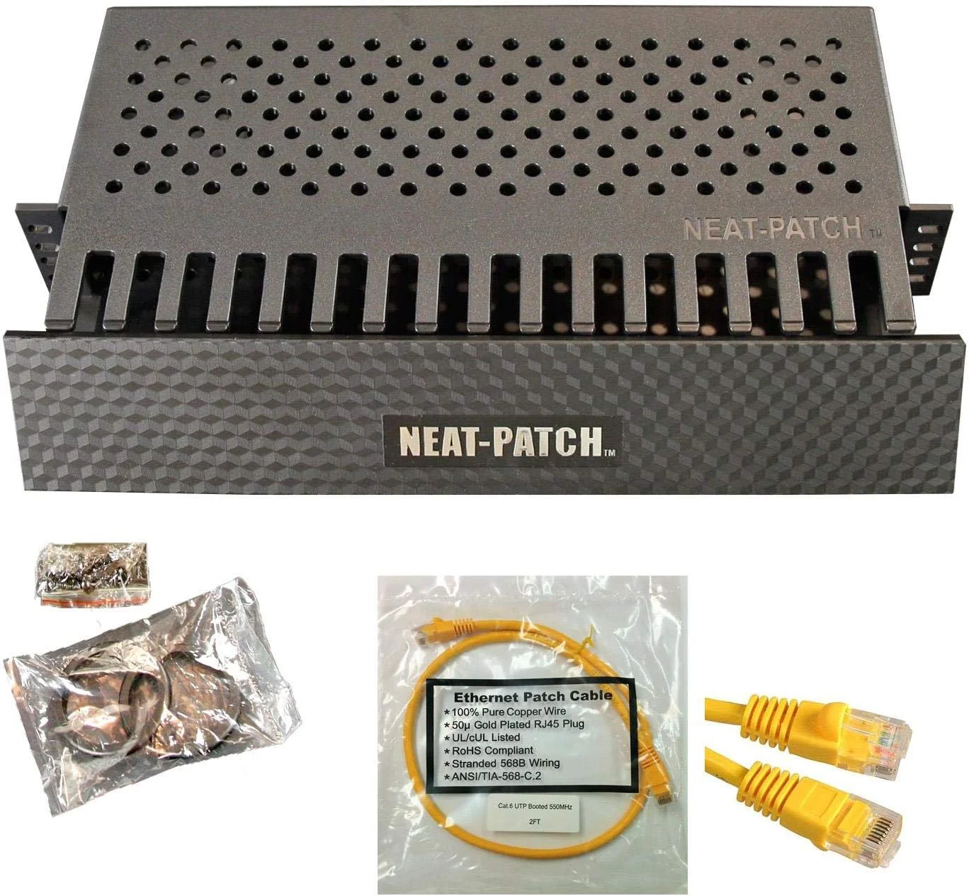 مجموعه مدیریت کابل 2U مرتب - 1 بسته با 24 کابل پچ CAT6 (زرد 60 سانتی متری)