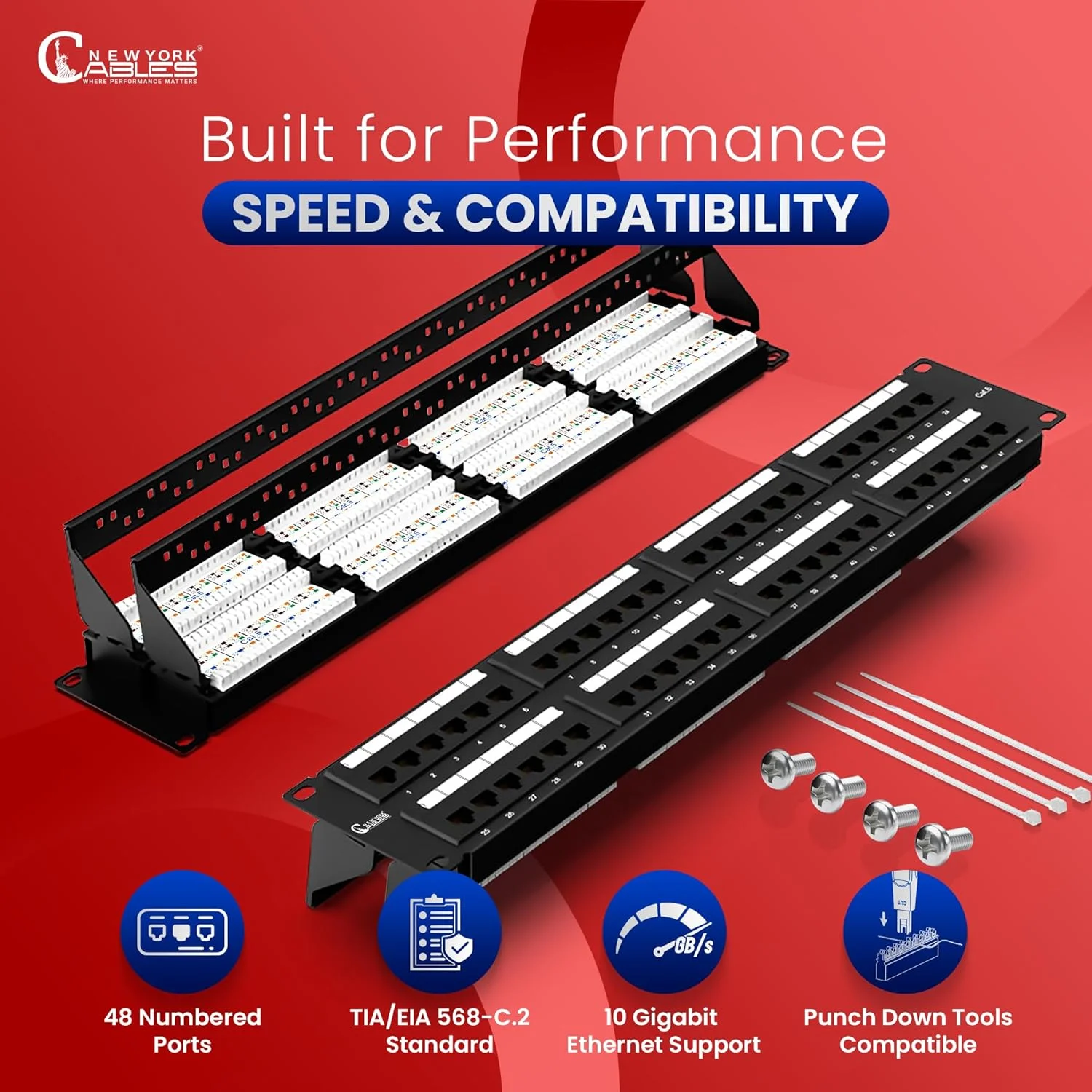 پچ پنل 48 پورت RJ45 Cat6 Keystone Jack UTP نیویورک کابلز - قابل نصب روی دیوار یا رک