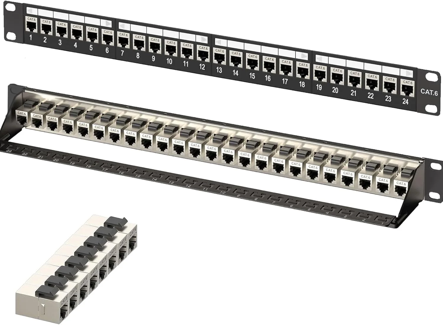 پچ پنل شبکه، پچ پنل 24 پورت 1U و کوپلر کیستون محافظ دار Cat6 RJ45، پچ پنل 19 اینچی قابل نصب در رک یا روی دیوار با میله پشتی، پچ پنل شبکه برای سوئیچ شبکه گیگابیتی (RJ45 مستقیم)