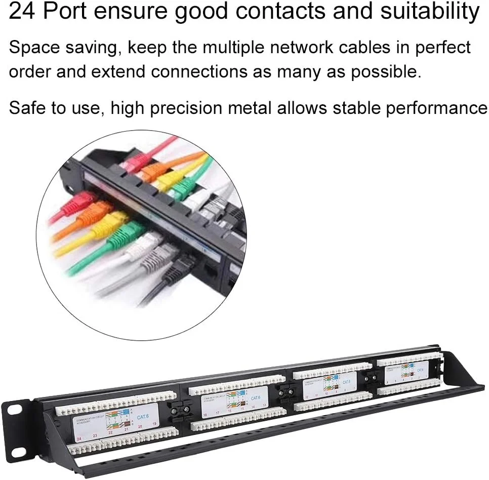 پنل پچ 24 پورت قابل نصب با فریم خط ثابت خودکار، رک کابل CAT6 با سرعت بالا برای کابل/ CAT6