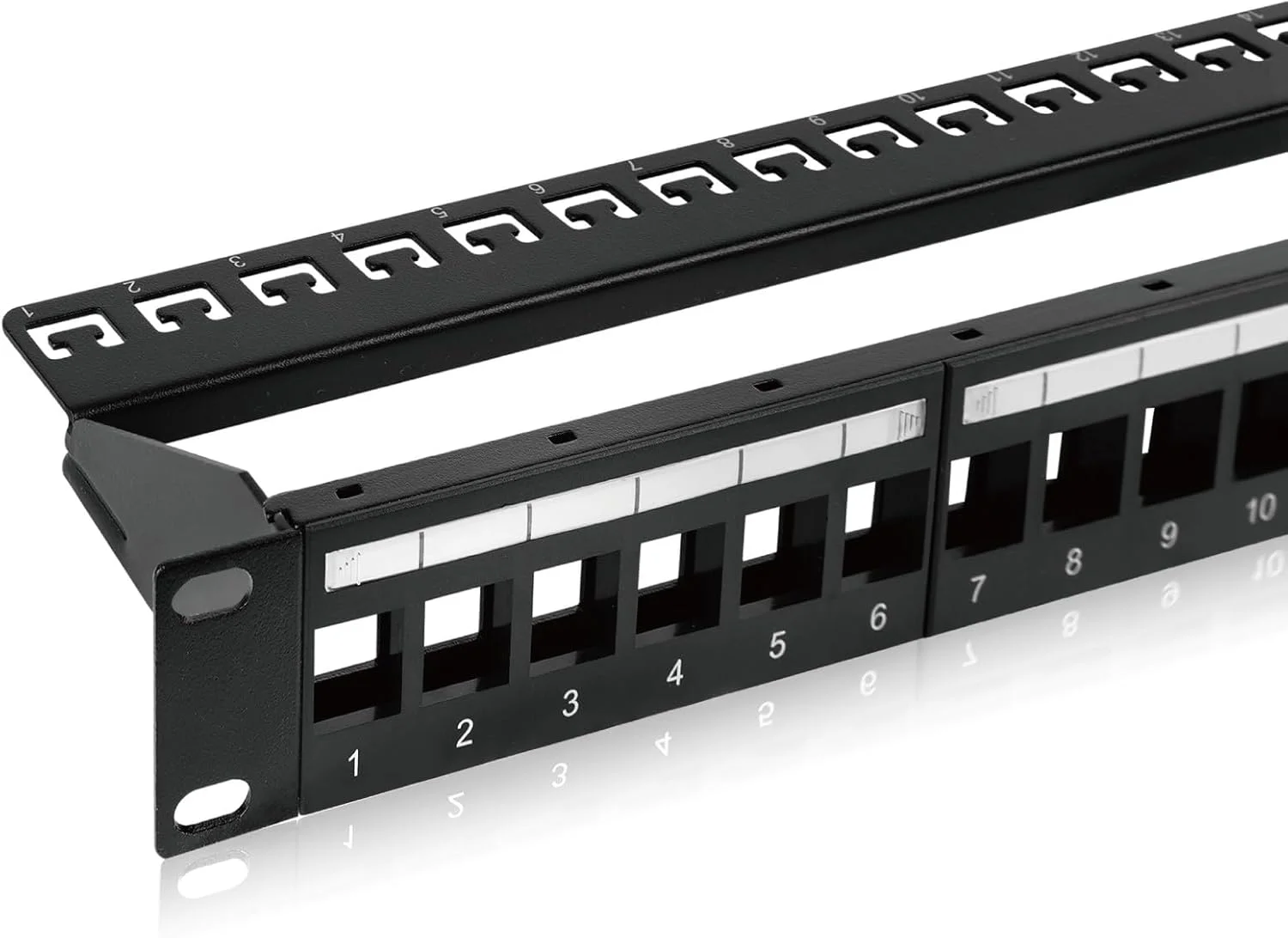 پنل پچ خالی 24 پورت Tecmojo، محفظه رک مونت 1U 19 اینچی با میله پشتیبانی مدیریت کابل (پنل پچ خالی 19 اینچی برای جک های کیستون/پنل کیستون)