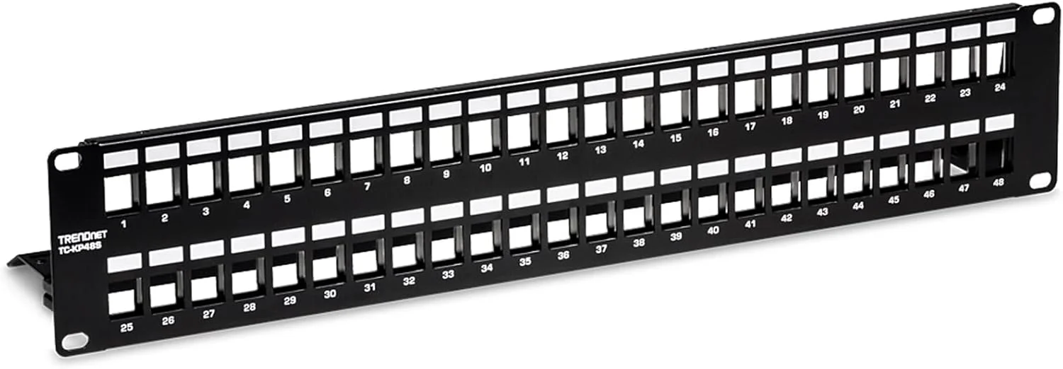 پچ پنل 48 پورت خالی کیستون شیلددار 2U ترندنت مدل TC-KP48S، Cat 6A/6/5e/5، توصیه شده با جک های کیستون Cat6A مدل TC-K06C6A، طراحی رک مونت فلزی 19 اینچی 2U، پنل مدیریت کابل