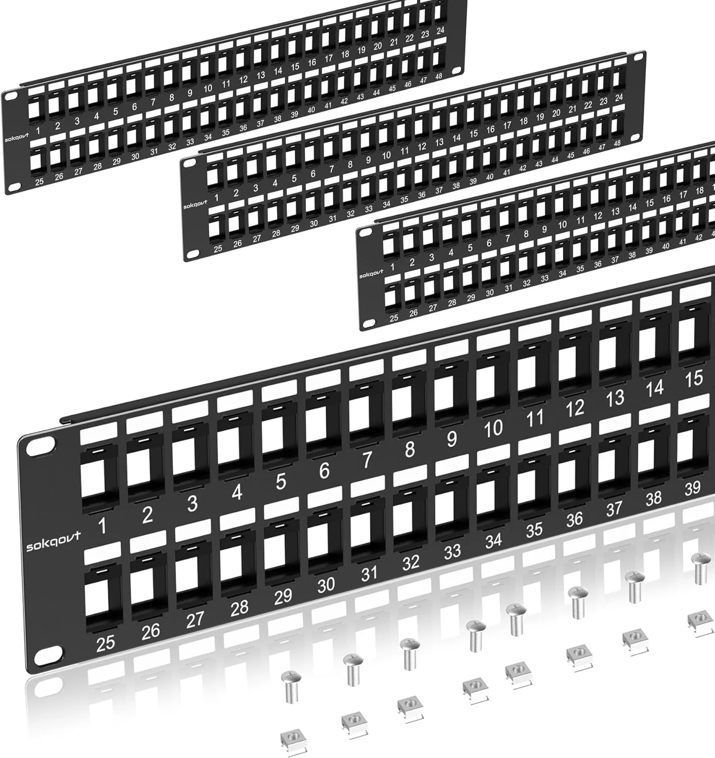 پنل پچ کیستون خالی ۴۸ پورت Sokqovt با طراحی Snap-in (بسته ۴ عددی)، پنل پچ شبکه Cat6 2U 19 اینچ، پنل پچ اترنت Rack Mount (فقط برای کیستون باریک)