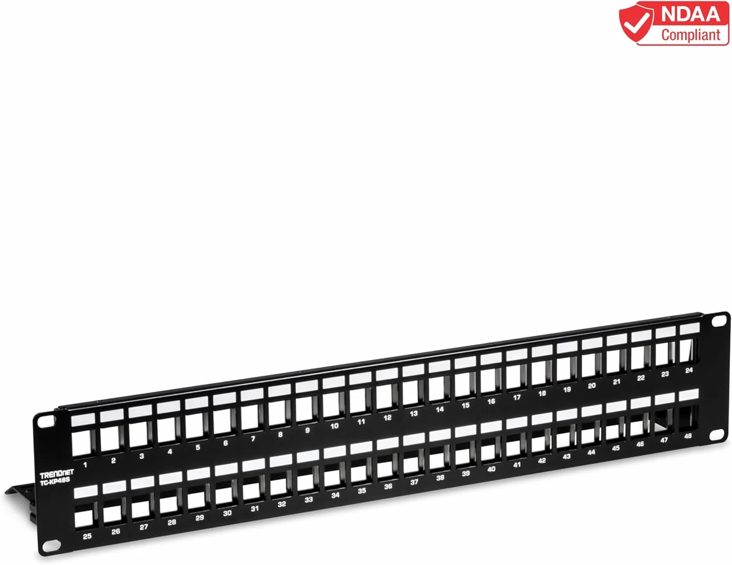 پچ پنل 48 پورت خالی کیستون شیلددار 2U ترندنت مدل TC-KP48S، Cat 6A/6/5e/5، توصیه شده با جک های کیستون Cat6A مدل TC-K06C6A، طراحی رک مونت فلزی 19 اینچی 2U، پنل مدیریت کابل