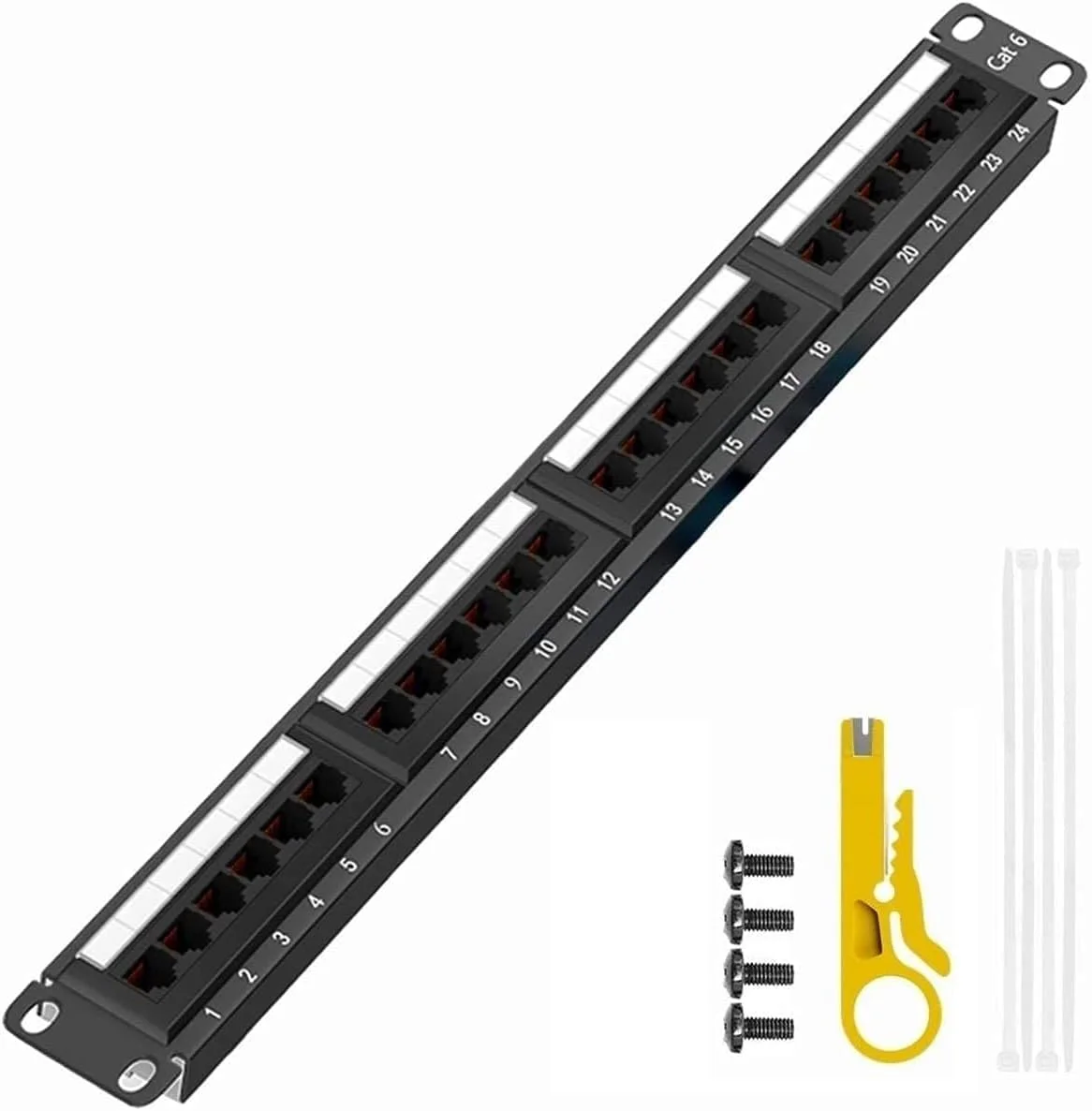 پنل پچ 24 پورت بدون شیلد RJ45 Cat6 سازگار با Cat5e 568A/B قابل نصب در رک و دیوار 19 اینچ در 1U (1.75 اینچ) به همراه سیم لخت کن رایگان