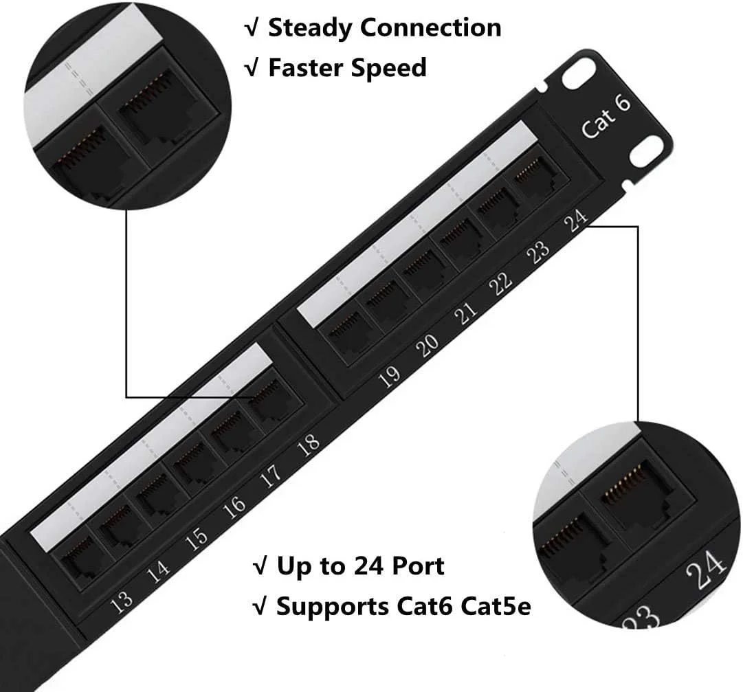 پنل پچ 24 پورت بدون شیلد RJ45 Cat6 سازگار با Cat5e 568A/B قابل نصب در رک و دیوار 19 اینچ در 1U (1.75 اینچ) به همراه سیم لخت کن رایگان