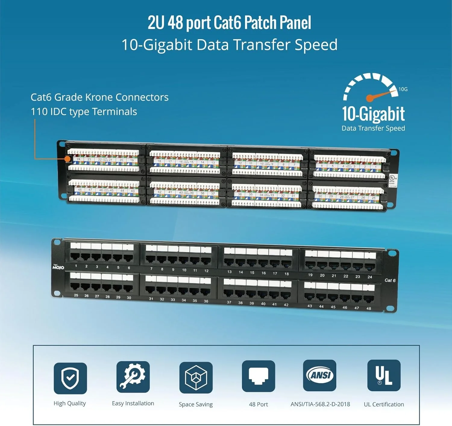 پنل پچ ۴۸ پورت Tecmojo، پنل پچ 2U، پنل پچ Cat6، پنل پچ شبکه برای سوییچ شبکه، پنل پچ برای رک های سرور 19 اینچی، پشتیبانی از 10G، نصب روی رک یا نصب دیواری دارای گواهینامه UL