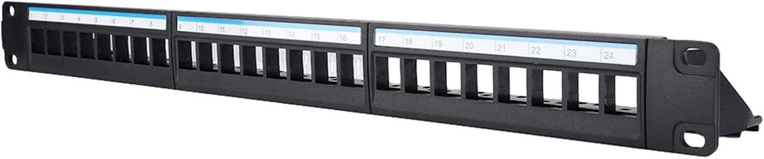 پچ پنل Cat6 ۱۹ اینچی ۲۴ پورت، فریم خط نیروی خود ثابت شونده، قالب گیری تزریقی PPO و PC، مطابق با استانداردهای بین المللی