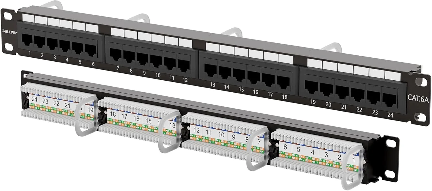 پچ پنل 24 پورت Iwillink 10Gbps Cat6A، پچ پنل RJ45 UTP 19 اینچی، پچ پنل شبکه 1U قابل نصب روی دیوار یا رک، بلوک پانچ پایین برای کابل کشی Cat6A، Cat6، Cat5e، Cat5