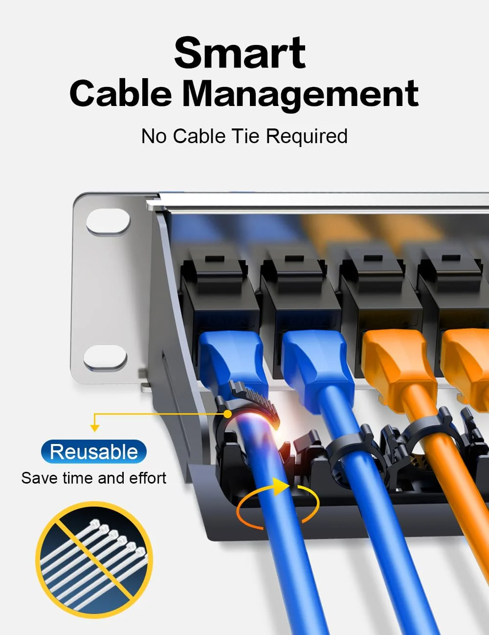 پنل پچ ۲۴ پورت Cat6A کیستون، پنل پچ شبکه شیلد دار با مدیریت کابل هوشمند (بدون نیاز به بست کابل) برای رک ۱۹ اینچی، مشکی
