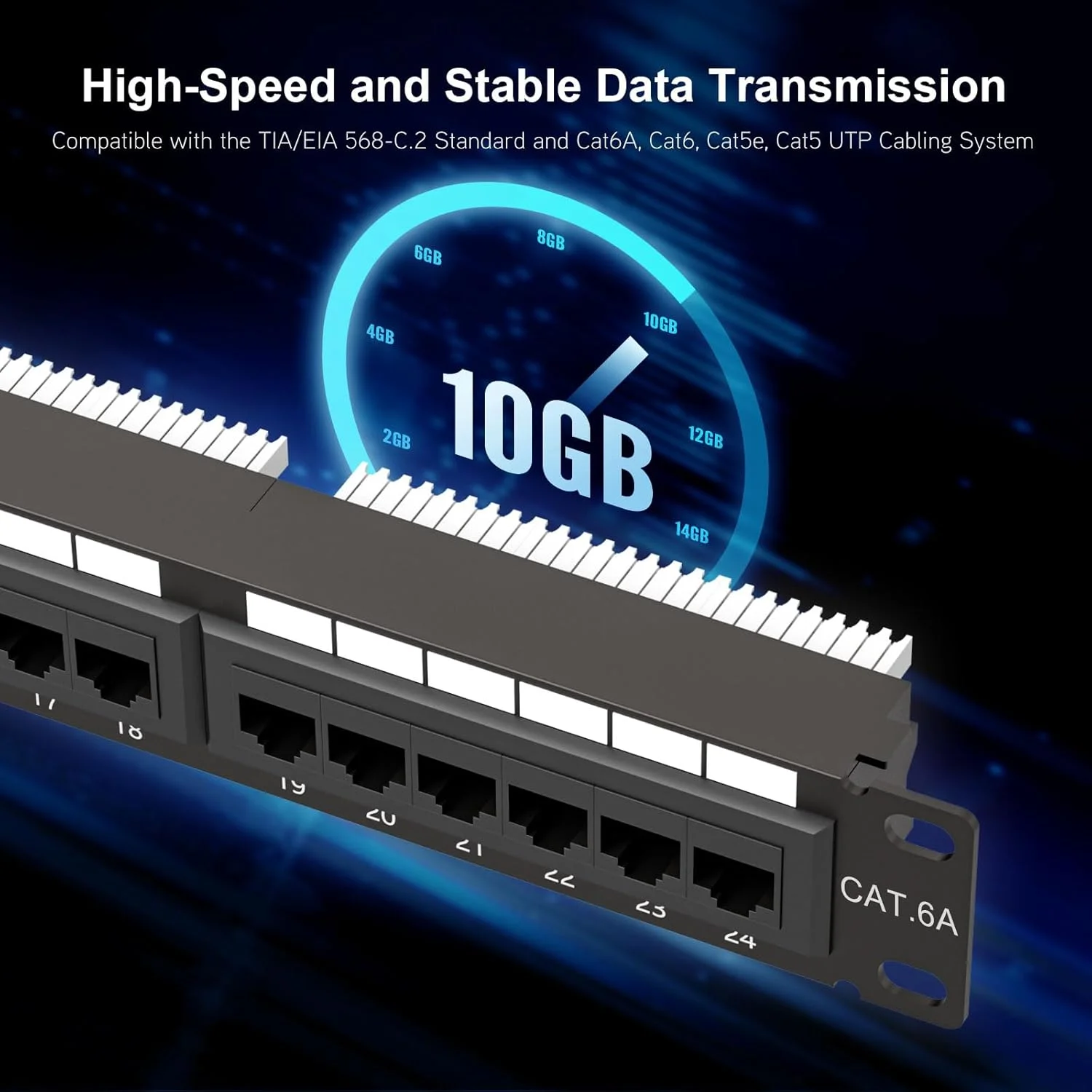 پچ پنل 24 پورت Iwillink 10Gbps Cat6A، پچ پنل RJ45 UTP 19 اینچی، پچ پنل شبکه 1U قابل نصب روی دیوار یا رک، بلوک پانچ پایین برای کابل کشی Cat6A، Cat6، Cat5e، Cat5