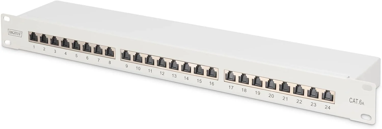 پچ پنل CAT 6A، محافظ دار، 1U، 24 پورت، 8P8C، RAL 7035، 483 میلی متر (19 اینچ)، خاکستری RAL 7035