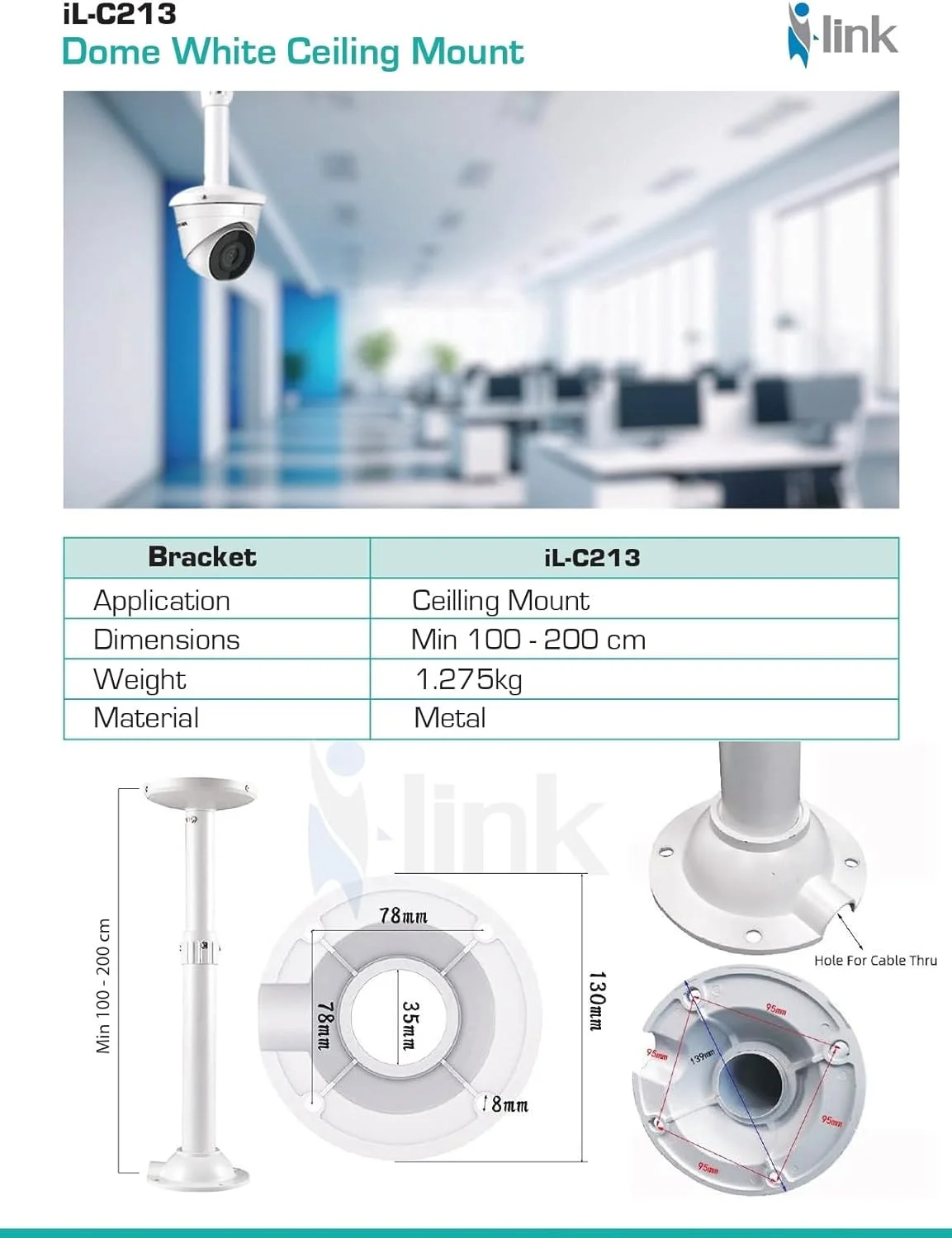 پایه دوربین مداربسته سقفی گنبدی سفید، پایه میله ای قابل افزایش طول برای دوربین های مداربسته تحت شبکه، (100-200 سانتی متر) پایه نصب قابل تنظیم برای سیستم دوربین مداربسته امنیتی، فلز جامد - iL-C213 پایه دوربین مداربسته سقفی گنبدی سفید، پایه میله ای قابل افزایش طول برای دوربین های مداربسته تحت شبکه، (100-200 سانتی متر) پایه نصب قابل تنظیم برای سیستم دوربین مداربسته امنیتی، فلز جامد - iL-C213