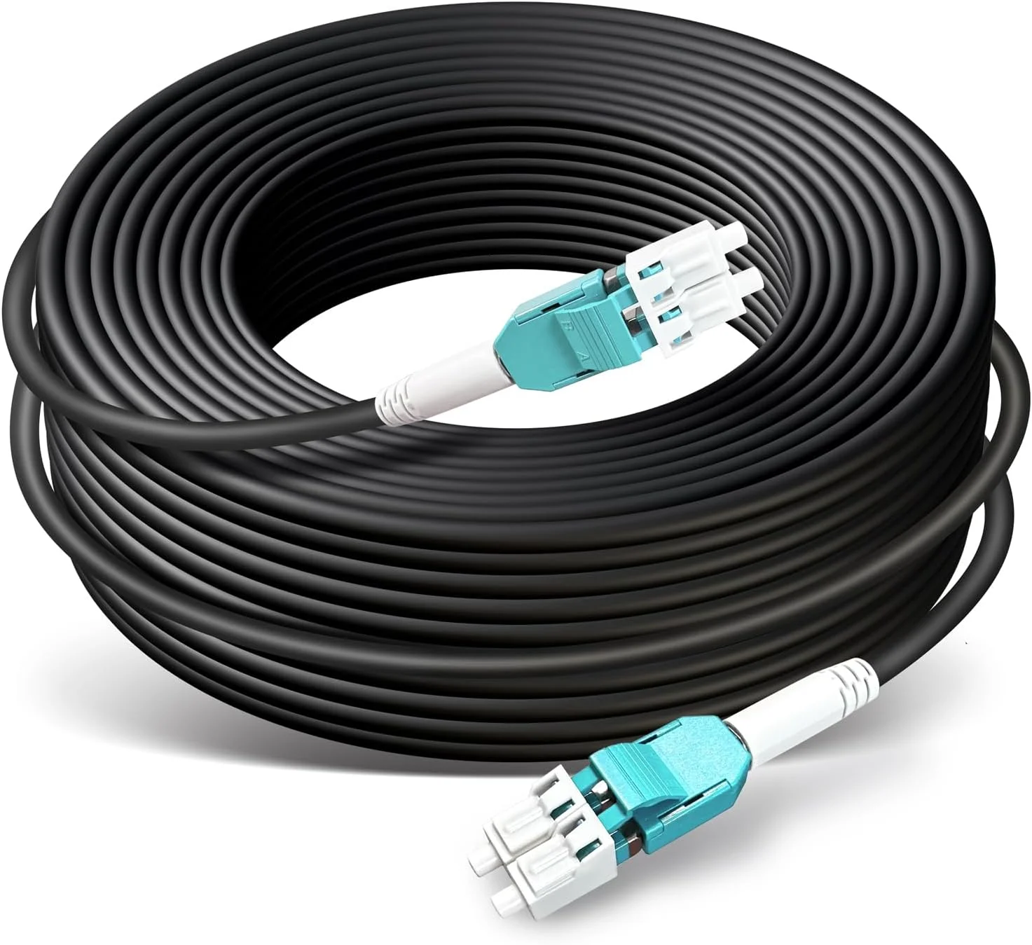 کابل فیبر نوری LC به LC صنعتی TPU OM3، 30 متری، مناسب فضای باز، کابل فیبر نوری چند حالته دوبلکس، 40 گیگابیت 10 گیگابیت، 50/125 OM3 Uniboot LC-LC دفن مستقیم