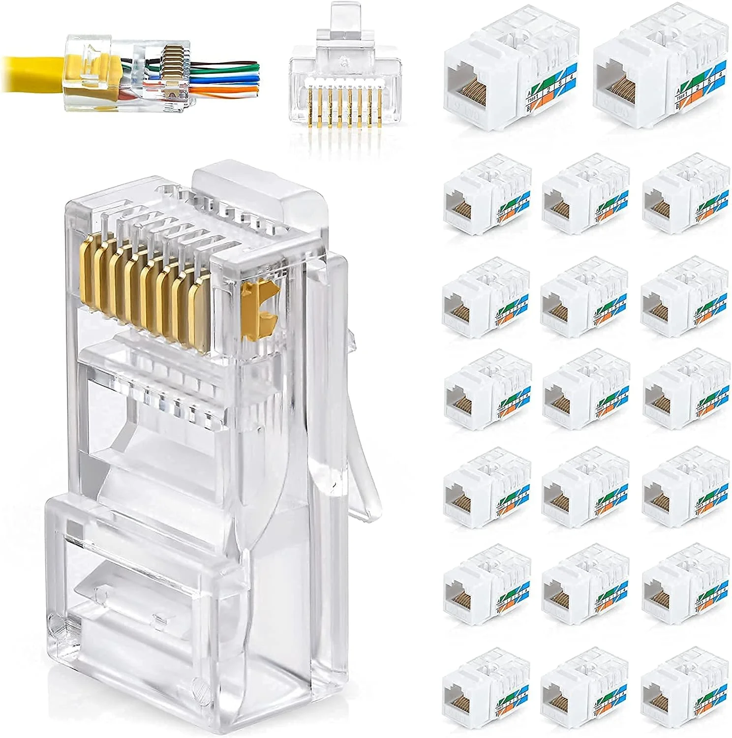 مجموعه DKURVE® – 2 قلم: کانکتورهای عبوری RJ45 Cat6، بسته 100 عددی + جک های کیستون RJ45 Cat6 / 5e، بسته 20 عددی - سفید