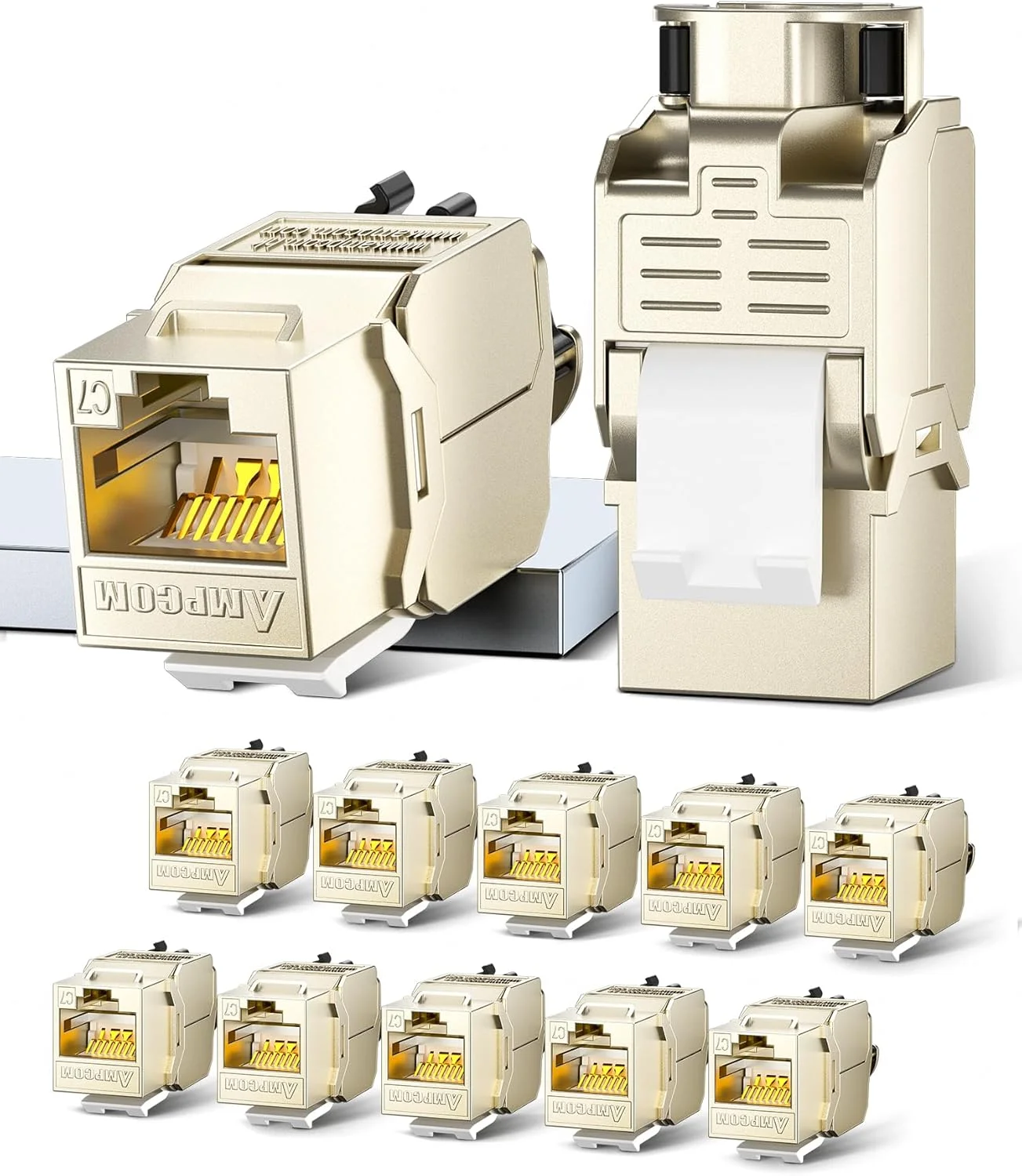 کانکتور کیستون CAT7 AMPCOM با طراحی بست کمربندی جغجغه ای، کانکتور کیستون RJ45 آلیاژ روی محافظ دار 10 گیگابیت بر ثانیه 600 مگاهرتز، بسته 12 عددی