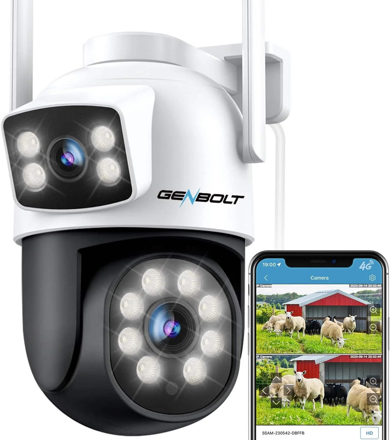 دوربین مداربسته 3G/4G LTE بدون وای فای GENBOLT، دوربین مداربسته سلولی دو لنز با سیم کارت، دوربین مداربسته IP با قابلیت ردیابی انسان و ذخیره سازی ابری