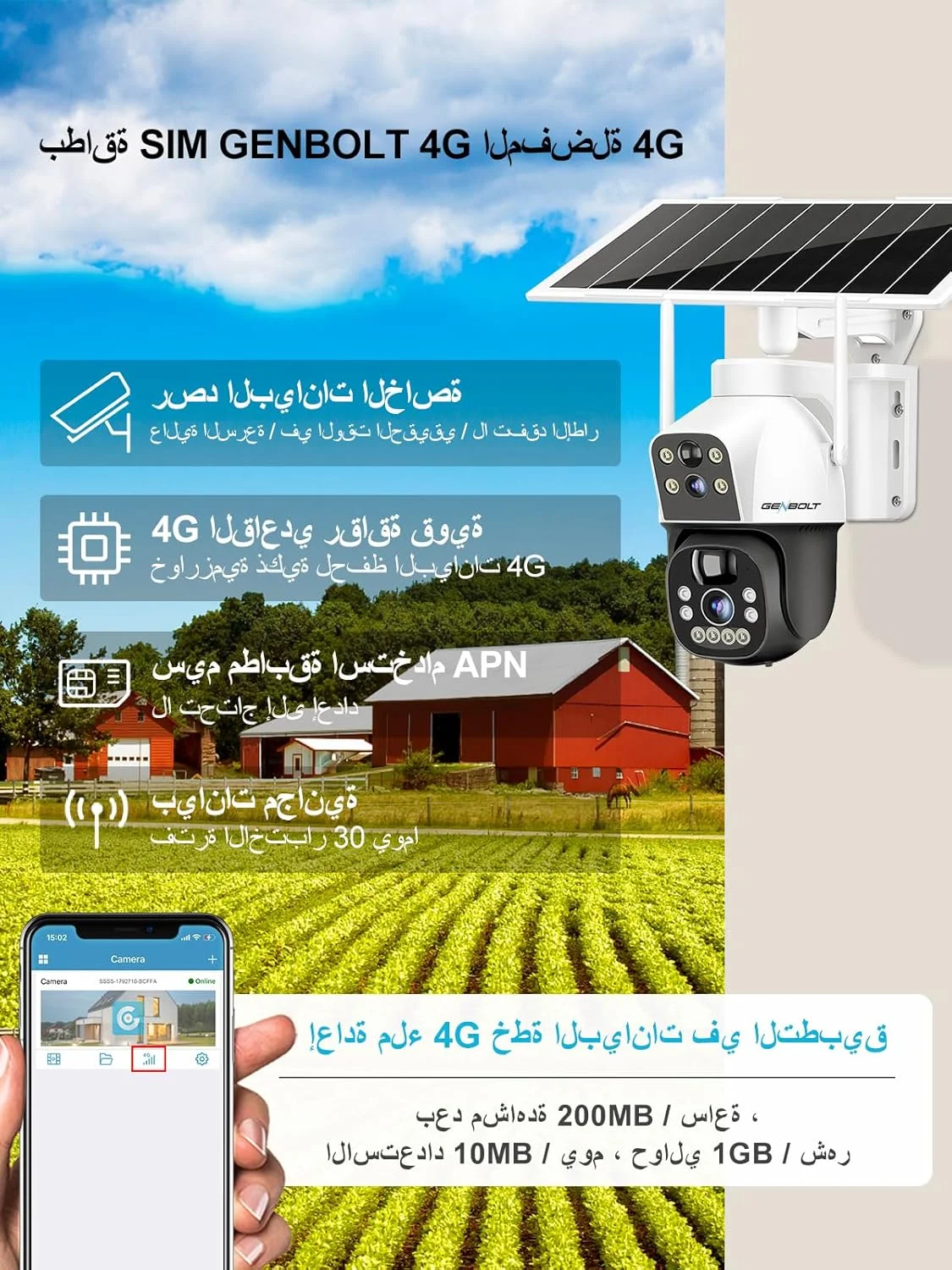 دوربین مداربسته خورشیدی سیم کارت خور 3G/4G LTE جن‌بولت، دوربین نظارتی بی‌سیم فضای باز با باتری 8 وات 15600 میلی‌آمپر ساعت، دوربین مداربسته دو لنز با نورافکن و کارت سیم