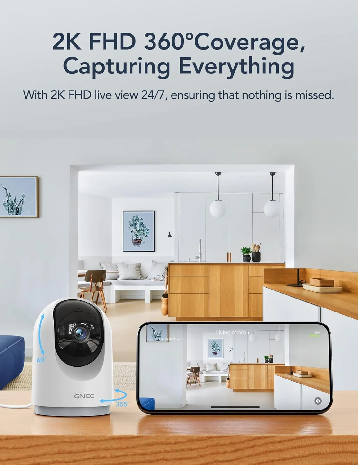 دوربین نظارتی چرخشی 360 درجه وای فای GNCC با کیفیت 2K برای داخل خانه، نوزادان و حیوانات خانگی، تشخیص هوش مصنوعی، صدای دو طرفه، هشدارهای برنامه، 2.4 گیگاهرتز