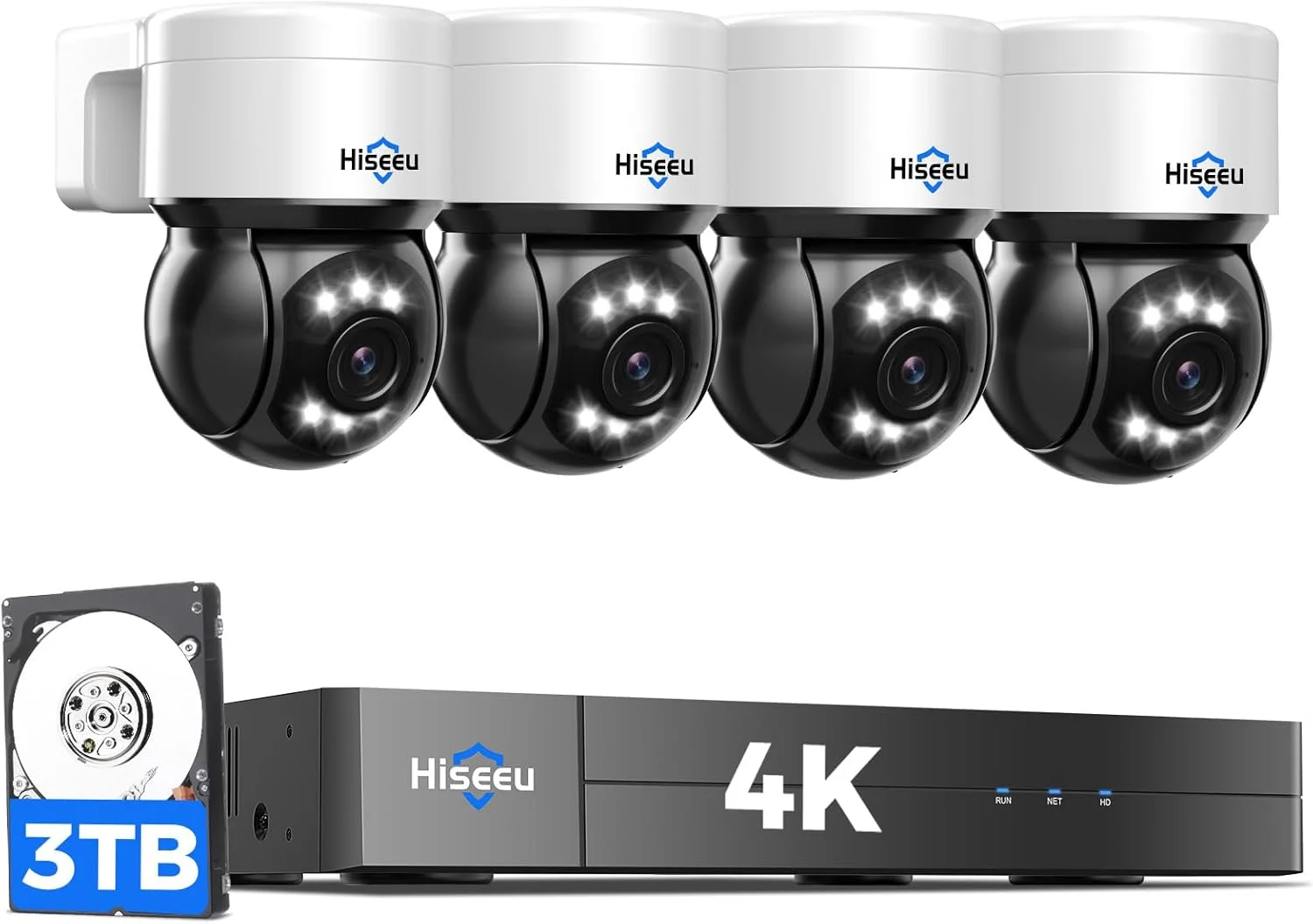 سیستم دوربین مداربسته 4K HD هایسیو با قابلیت چرخش 330 درجه افقی و 90 درجه عمودی، سیستم امنیتی دوربین مداربسته با 4 دوربین دام PTZ با قابلیت PoE، تشخیص انسان/خودرو، صدای دو طرفه، کیت NVR نظارت خانگی، 3 ترابایت