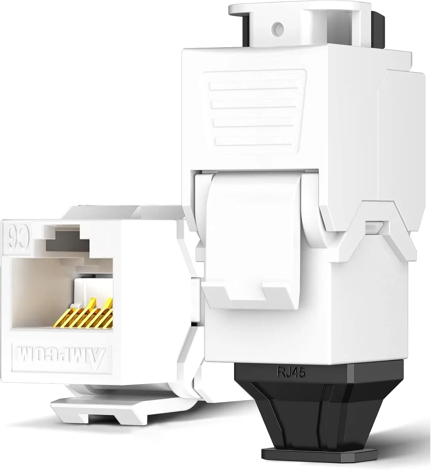 AMPCOM CAT6 RJ45 کیستون جک - جک دیواری اترنت UTP قابل استفاده مجدد با طراحی قفل جغجغه ای قابل تنظیم، بدون نیاز به ابزار و بست کمربندی - روکش طلای 50u - سفید (2 عدد)
