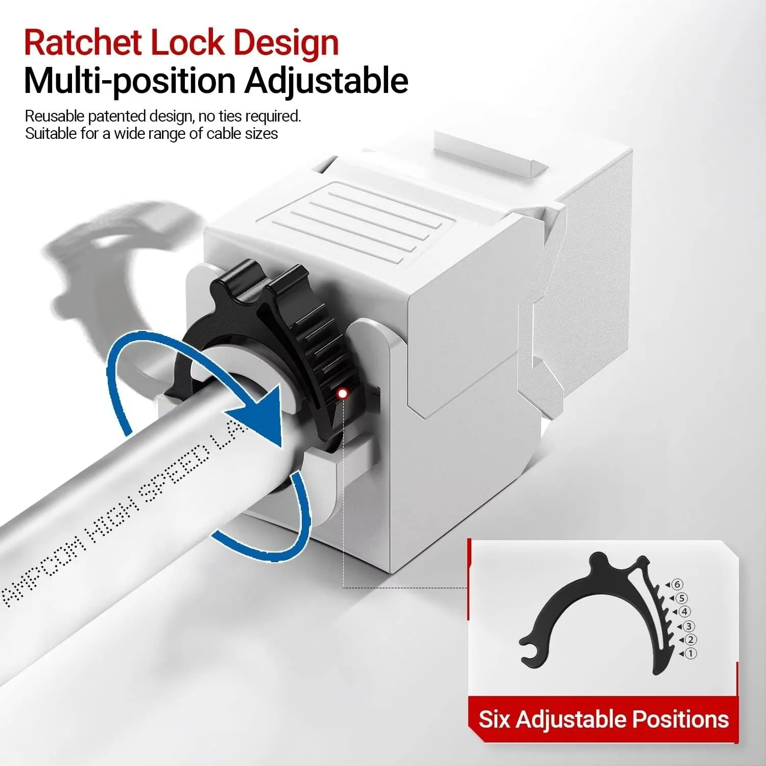 AMPCOM CAT6 RJ45 کیستون جک - جک دیواری اترنت UTP قابل استفاده مجدد با طراحی قفل جغجغه ای قابل تنظیم، بدون نیاز به ابزار و بست کمربندی - روکش طلای 50u - سفید (2 عدد)