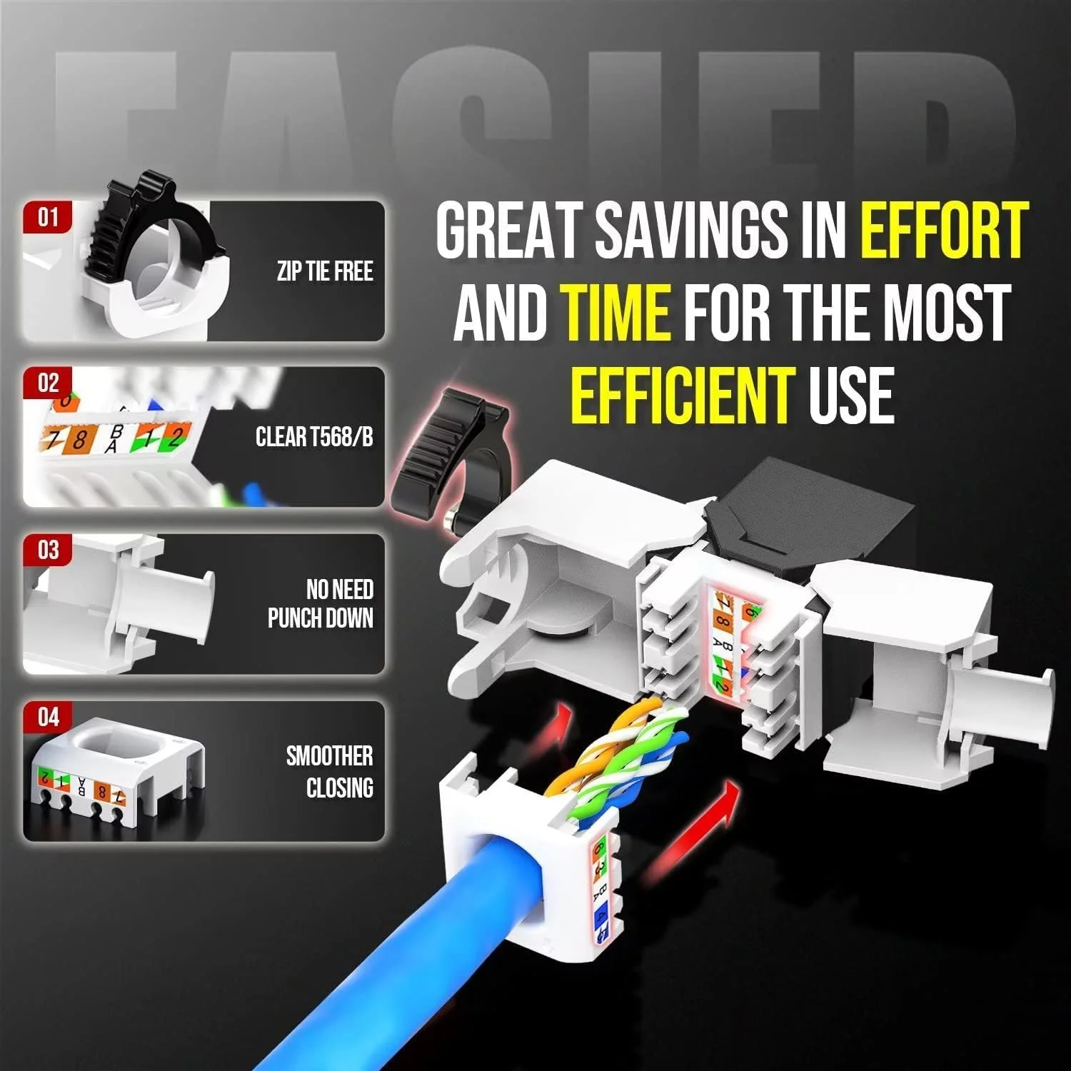 اتصال دهنده کیستون CAT6 RJ45 از Azonee - اتصال دهنده دیواری اترنت UTP قابل استفاده مجدد با طراحی قفل جغجغه ای قابل تنظیم، بدون نیاز به ابزار و بست کمربندی، روکش طلای 50u، مشکی (بسته 2 عددی)