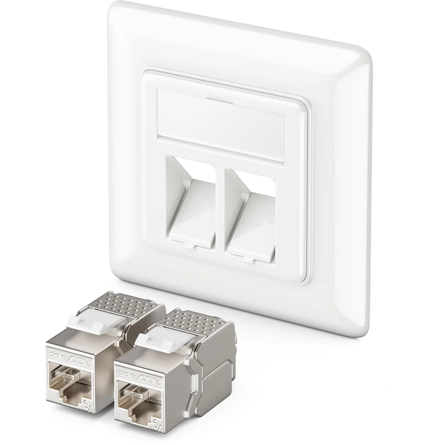 پریز شبکه کیستون deleyCON 1x به همراه 2 عدد ماژول جک کیستون CAT 6a سوکت RJ45 - کابل نصب شبکه CAT کاملاً محافظت شده - سفید