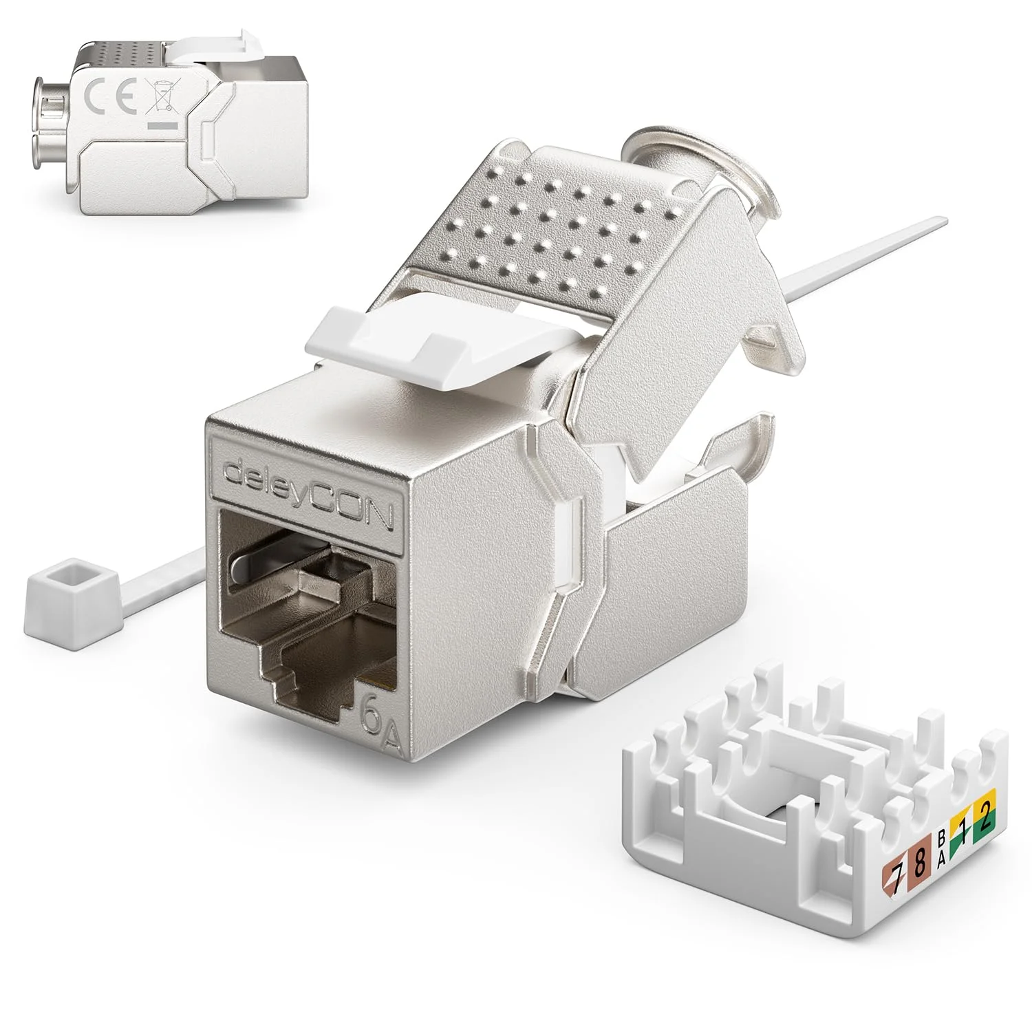 پریز شبکه کیستون deleyCON 1x به همراه 2 عدد ماژول جک کیستون CAT 6a سوکت RJ45 - کابل نصب شبکه CAT کاملاً محافظت شده - سفید