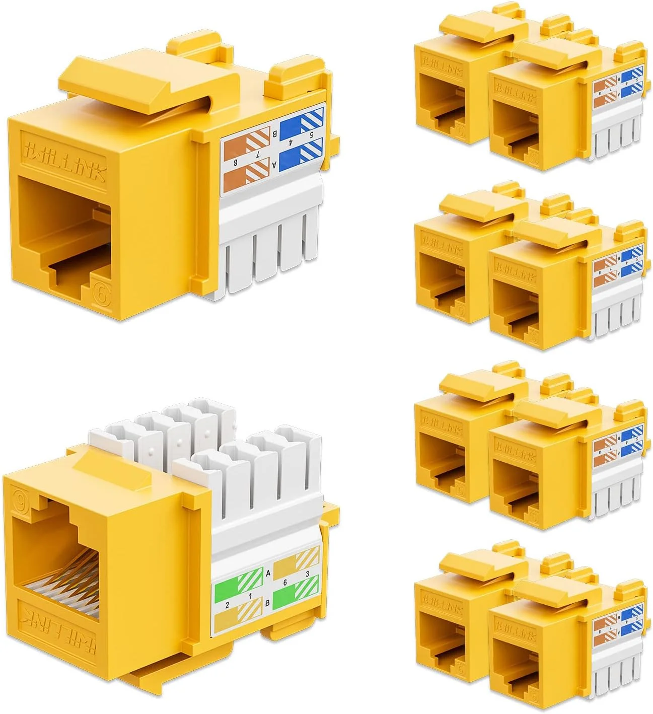 آی ویلینک بسته 10 عددی جک کیستون Cat6 با سرعت 10 گیگابیت بر ثانیه، RJ45، کوپلر اترنت 90 درجه، آداپتور پانچ پایین (زرد)
