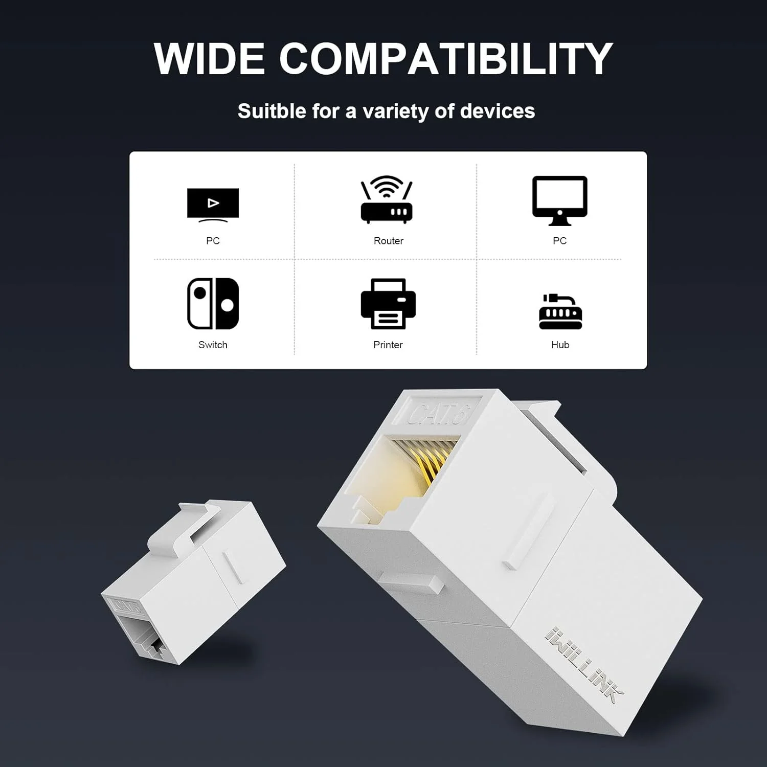 کوپلر کیستون RJ45 Cat6 آی ویلینک (بسته 5 عددی)، جک کیستون Cat6 مادگی به مادگی، درج کوپلر کیستون UTP، سفید