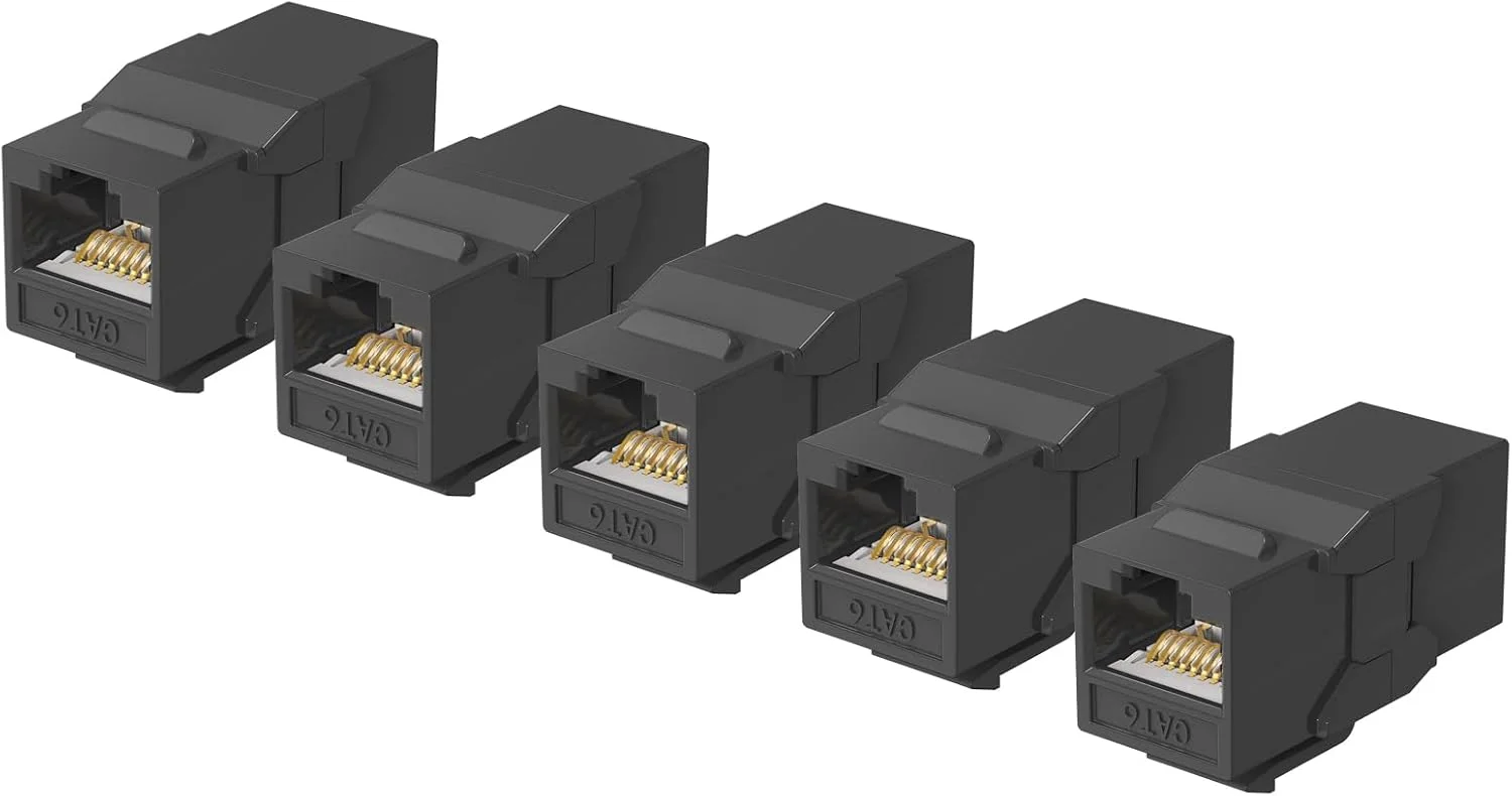 کوپلر کیستون RJ45 Cat6 Jadaol بسته 5 عددی، کوپلر های خطی مادگی به مادگی، توسعه کابل پچ 10 گیگابیت بر ثانیه، کوپلر اترنت UTP Lan، کانکتور کابل Cat6 برای پچ پنل، صفحه دیواری، شبکه، مشکی