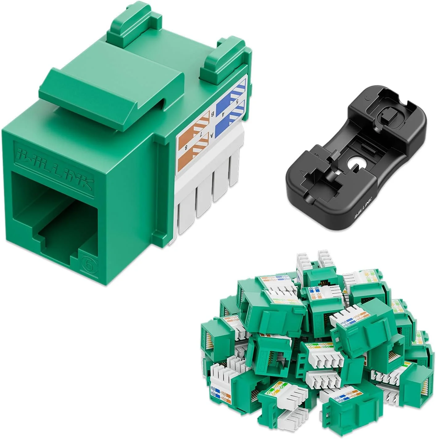 iwillink جک کیستون Cat6 با سرعت 10 گیگابیت بر ثانیه، بسته 25 عددی جک کیستون RJ45 و پایه پانچ کیستون، درج جک اترنت ماژولار UTP 90 درجه، آداپتور جک کیستون پانچ