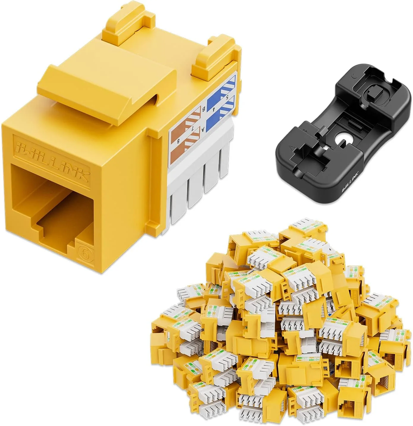 iwillink 10Gbps Cat6 Keystone Jack and Punch-Down Stand, 50-Pack, RJ45 Ethernet Keystone Jacks, 90-Degree UTP Modular Punch Down Keystone Jack Adapter, Yellow
