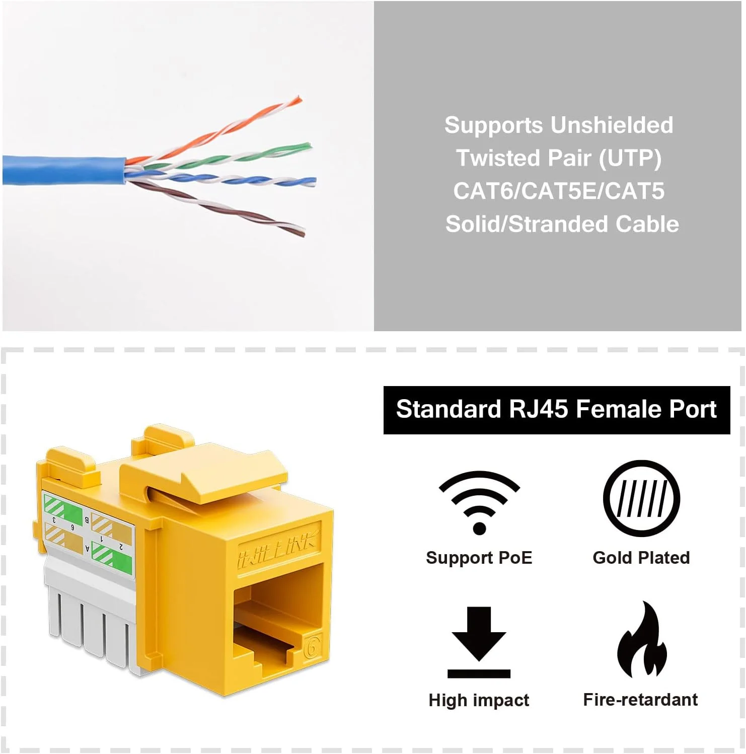 iwillink 10Gbps Cat6 Keystone Jack and Punch-Down Stand, 50-Pack, RJ45 Ethernet Keystone Jacks, 90-Degree UTP Modular Punch Down Keystone Jack Adapter, Yellow