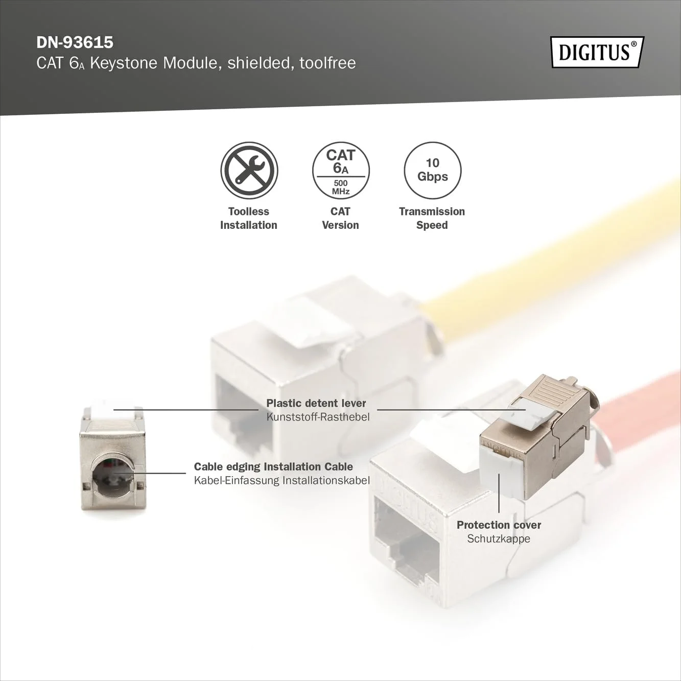 جک کیستون CAT 6A، شیلددار، اتصال بدون نیاز به ابزار