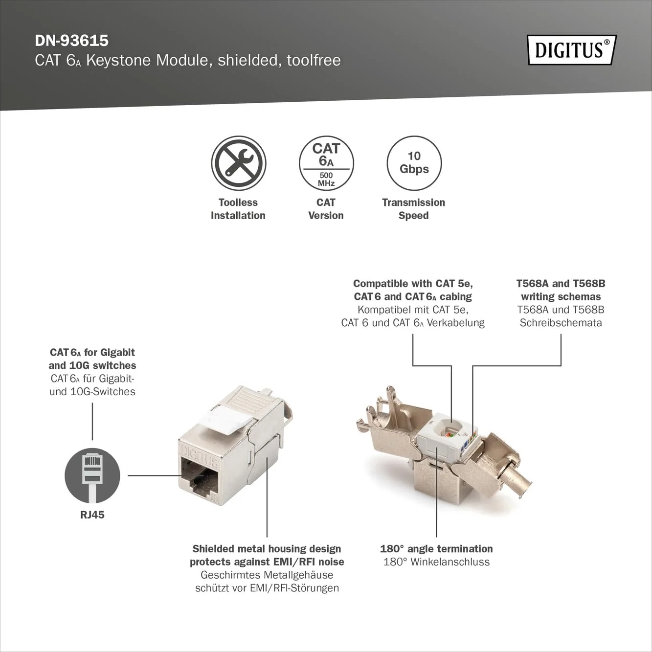 جک کیستون CAT 6A، شیلددار، اتصال بدون نیاز به ابزار