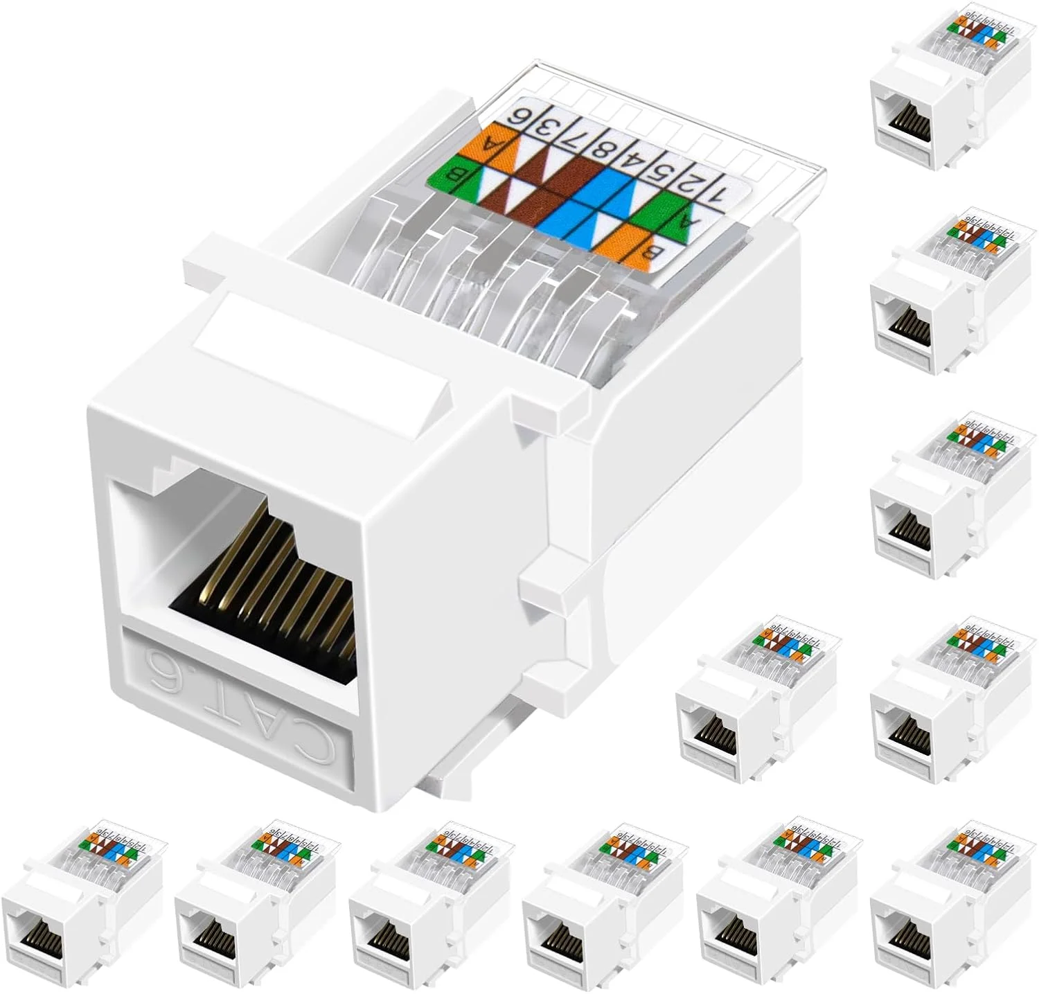 اتصالات مادگی کیستون Cat6 RJ45 بدون نیاز به ابزار NataLink، بسته 12 عددی، اتصالات RJ45 اترنت، کوپلر ماژول بدون نیاز به پانچ (غیر قابل استفاده برای پچ پنل)، سفید