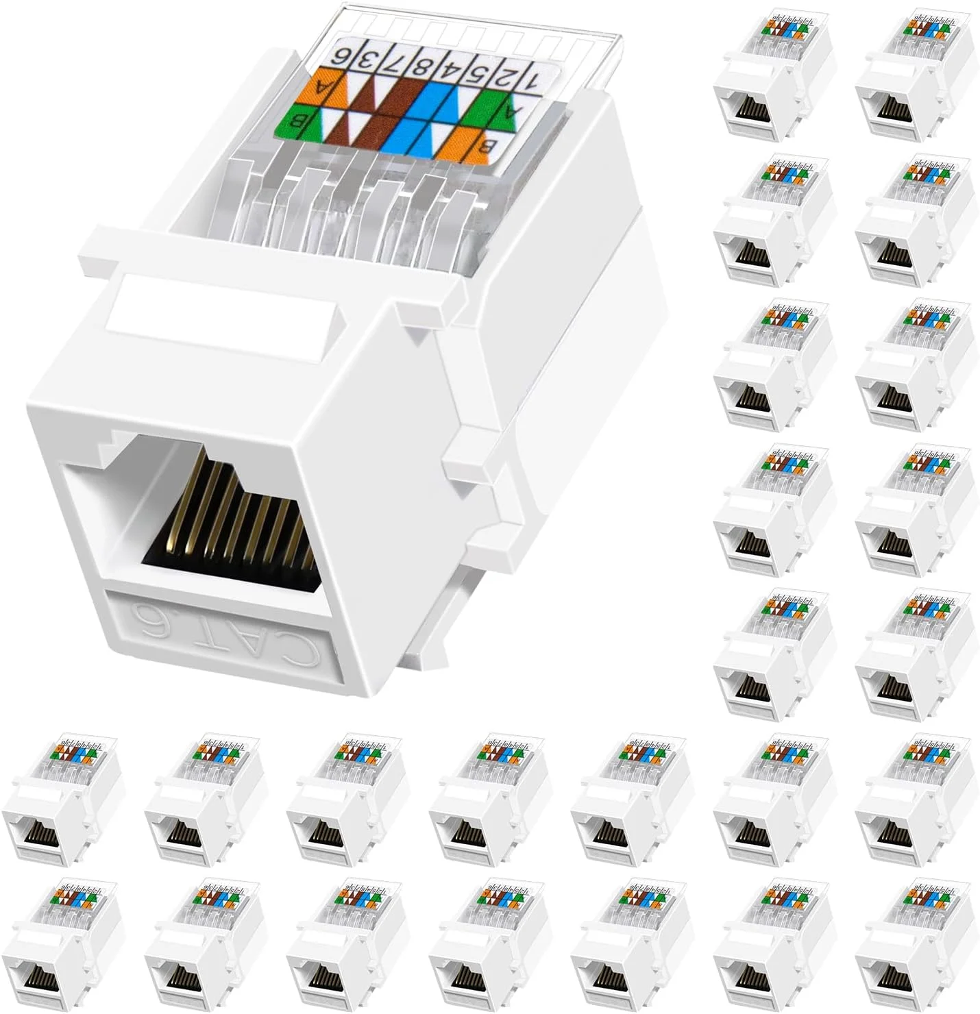 جک های کیستون Cat6 RJ45 بدون نیاز به ابزار، بسته 25 عددی، کانکتورهای مادگی RJ45، کوپلر ماژول جک کیستون اترنت بدون نیاز به پانچ (غیر قابل استفاده برای پچ پنل)، سفید