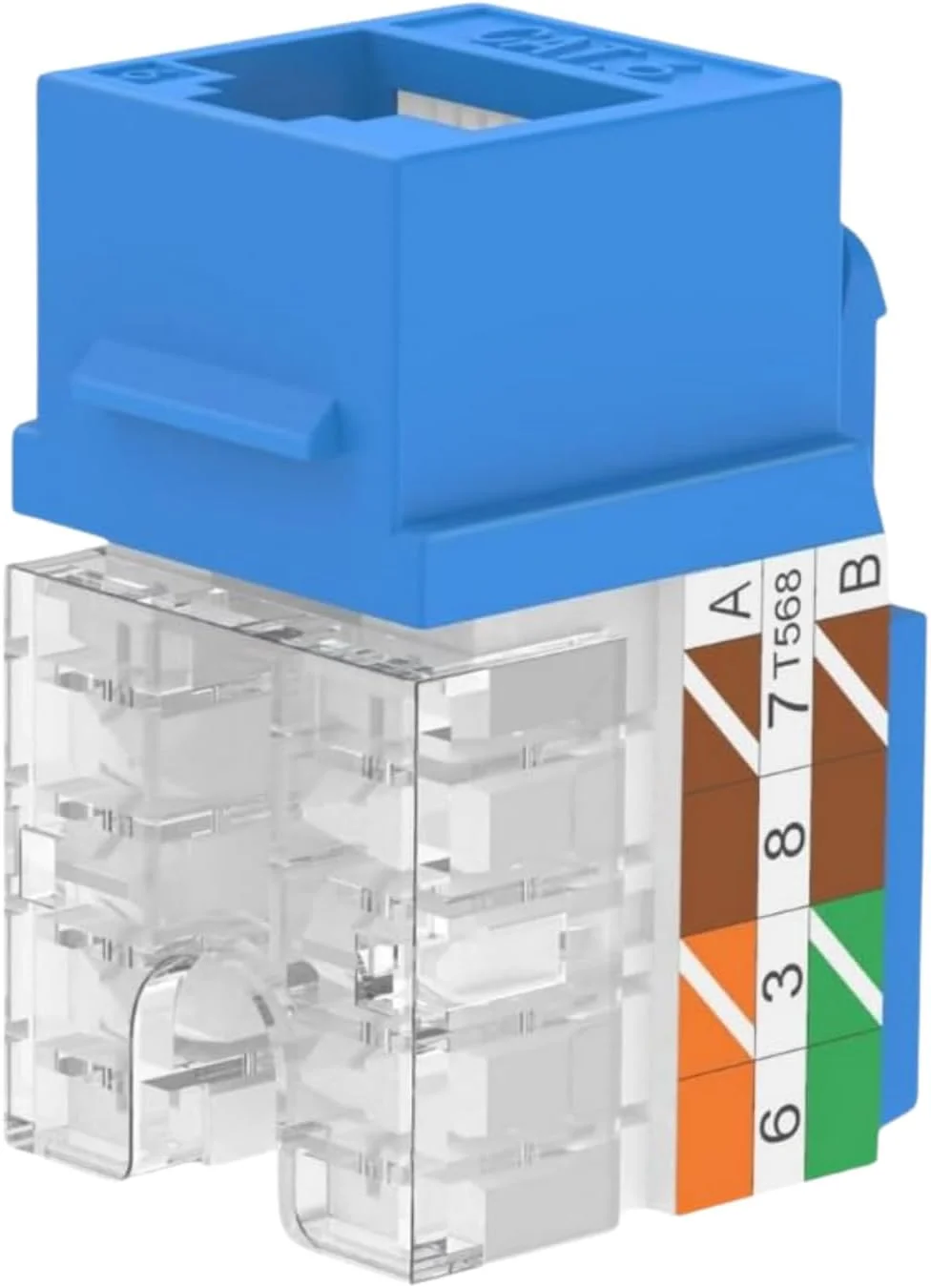 بسته 25 عددی اتصال‌دهنده مادگی CAT6 کیستون – اتصال‌دهنده فشاری ماژولار، UTP، 90 درجه 110 IDC به همراه درپوش، آبی (RAL)، اتصال بدون نیاز به ابزار