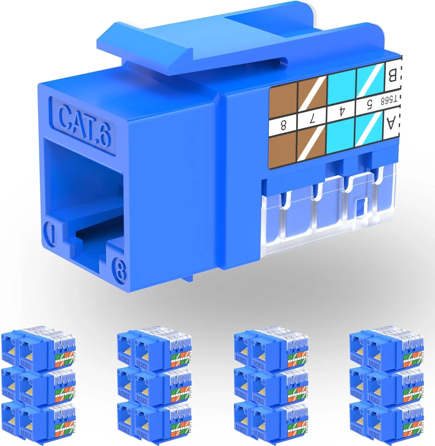 اتصال دهنده کیستون RJ45 Cat6 با پشتیبانی از 10G، بسته 25 عددی اتصالات کیستون UTP Cat6 برای صفحه دیواری و پچ پنل، کیستون RJ45 با زاویه 90 درجه و رنگ آبی برای کابل کشی Cat6, Cat5e, Cat5