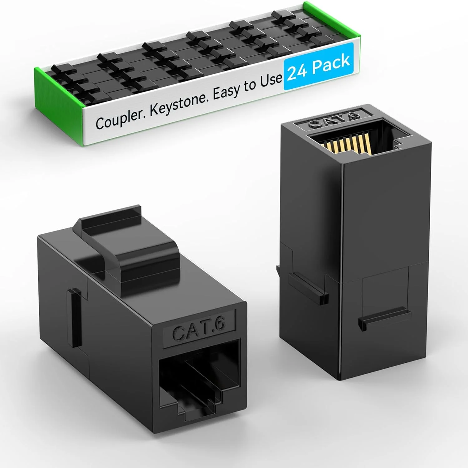 کوپلر کیستون CAT6 RJ45 سوکووت (بسته 24 عددی)، جک کیستون CAT6 مادگی به مادگی، جک های کیستون CAT 6 Inline برای صفحه دیواری و پچ پنل، کوپلر اترنت RJ45 مشکی