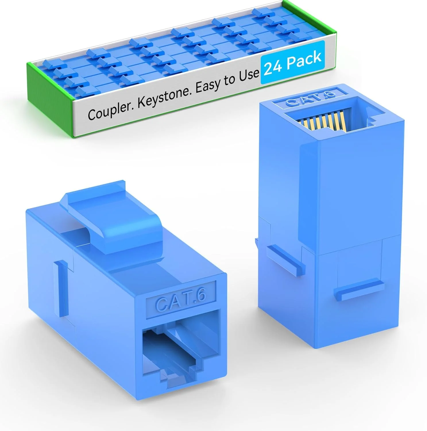 کوپلر کیستون CAT6 RJ45 سوک‌کاو‌تی (بسته 24 عددی)، جک کیستون CAT6 مادگی به مادگی، جک‌های کیستون خطی CAT 6 برای صفحه دیواری و پنل پچ، کوپلر اترنت RJ45 آبی