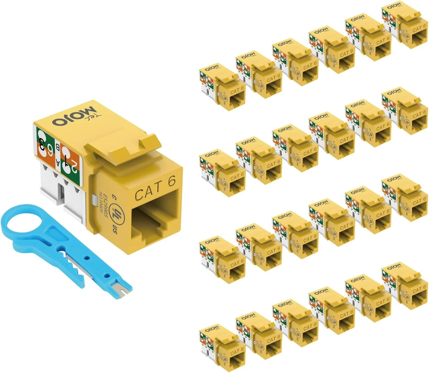 بسته 25 عددی اتصال دهنده مادگی Cat6 Tecmojo با سرعت 10 گیگابیت بر ثانیه، اتصال 90 درجه RJ45، طراحی باریک مناسب پچ پنل و صفحه دیواری، زرد
