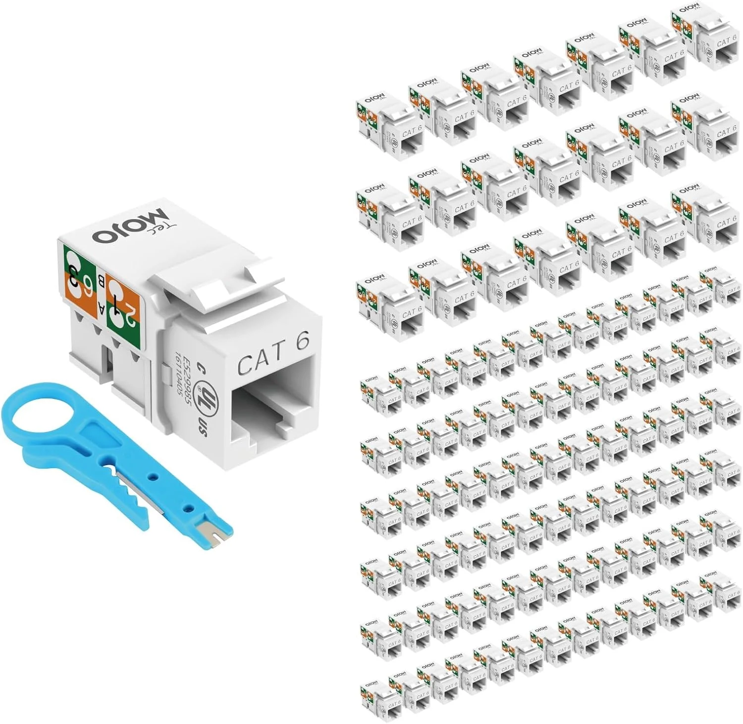 مجموعه ۱۰۰ عددی اتصال دهنده کیستون Cat6 با سرعت ۱۰ گیگابیت بر ثانیه Tecmojo، آداپتور کیستون RJ45 با زاویه ۹۰ درجه و طراحی باریک برای پچ پنل و صفحه دیواری