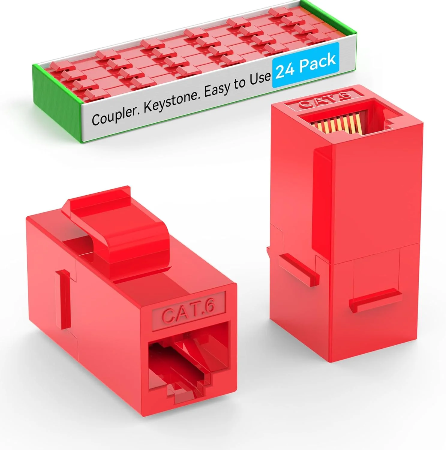 کوپلر کیستون CAT6 RJ45 (بسته 24 عددی)، جک کیستون Cat6 مادگی به مادگی، جک های کیستون Cat 6 Inline برای صفحه دیواری و پچ پنل، کوپلر اترنت RJ45 قرمز