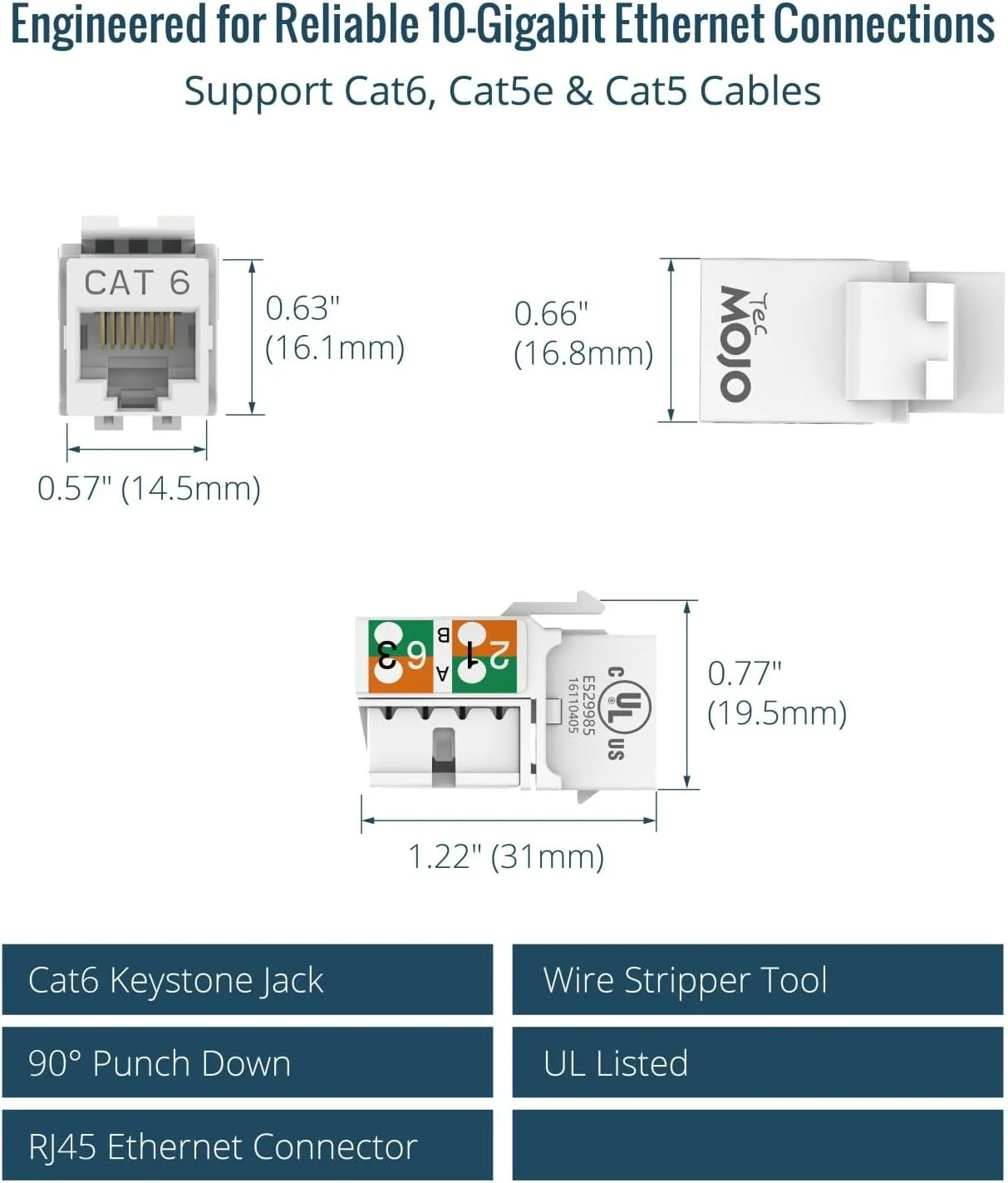 بسته 25 عددی اتصال دهنده مادگی Cat6 Tecmojo با سرعت 10 گیگابیت بر ثانیه، اتصال 90 درجه RJ45، طراحی باریک مناسب پچ پنل و صفحه دیواری، سفید